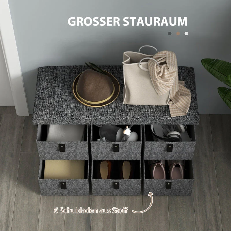 Upholstered Shoe Bench with 6 Storage Compartments Linen Look Grey - Image 5