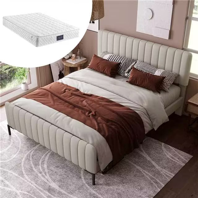 Upholstered Single Bed, 140x200cm, Adjustable Headboard, Grey-Beige Linen