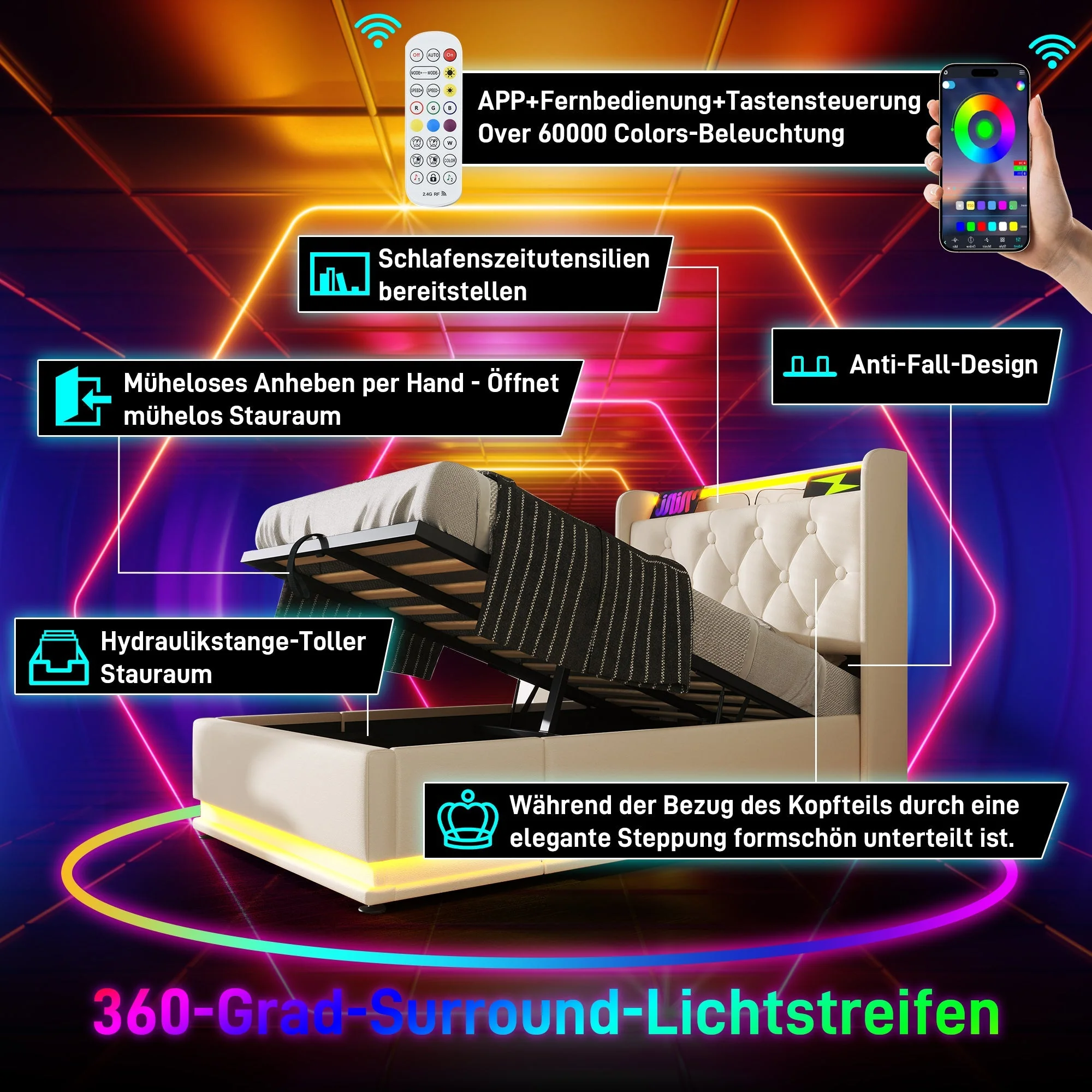 Upholstered Single Bed, 360° LED, Hydraulic Storage, USB-C Charging, White PU - Image 3