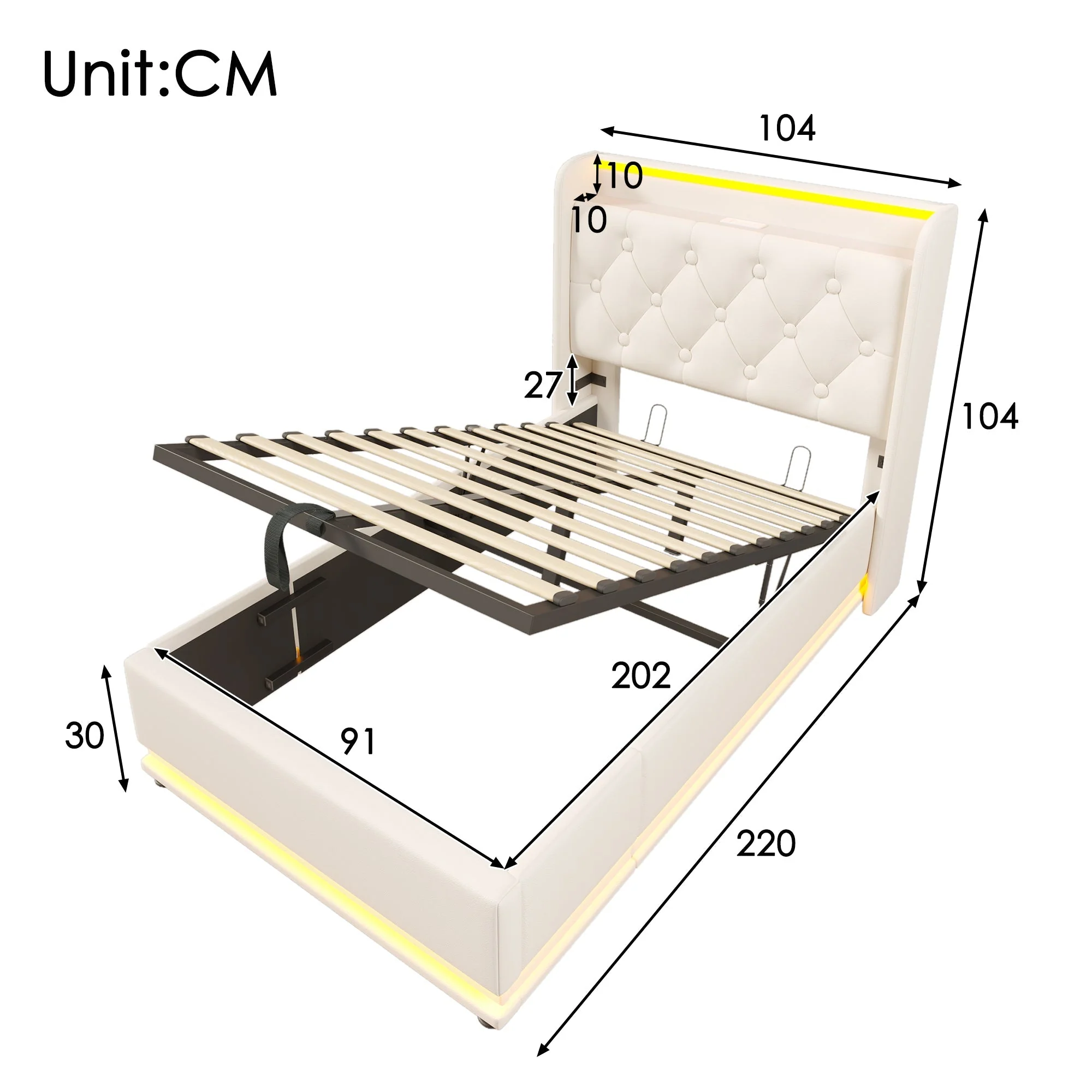 Upholstered Single Bed, 360° LED Hydraulic Storage, USB Type-C, White PU Leather - Image 2