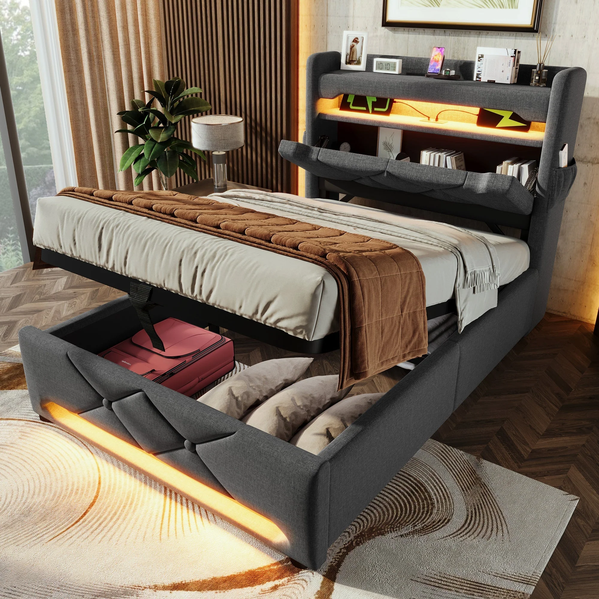 Upholstered Single Bed 90*200, Storage Headboard with USB & LED, Hydraulic, Gray Linen - Image 10