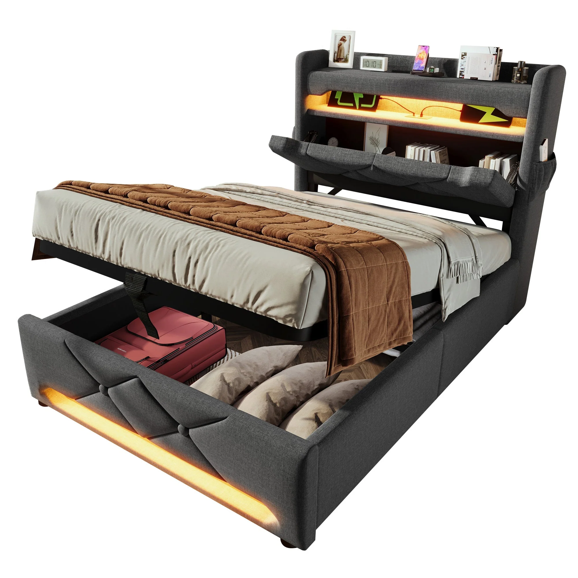 Upholstered Single Bed 90*200, Storage Headboard with USB & LED, Hydraulic, Gray Linen - Image 8