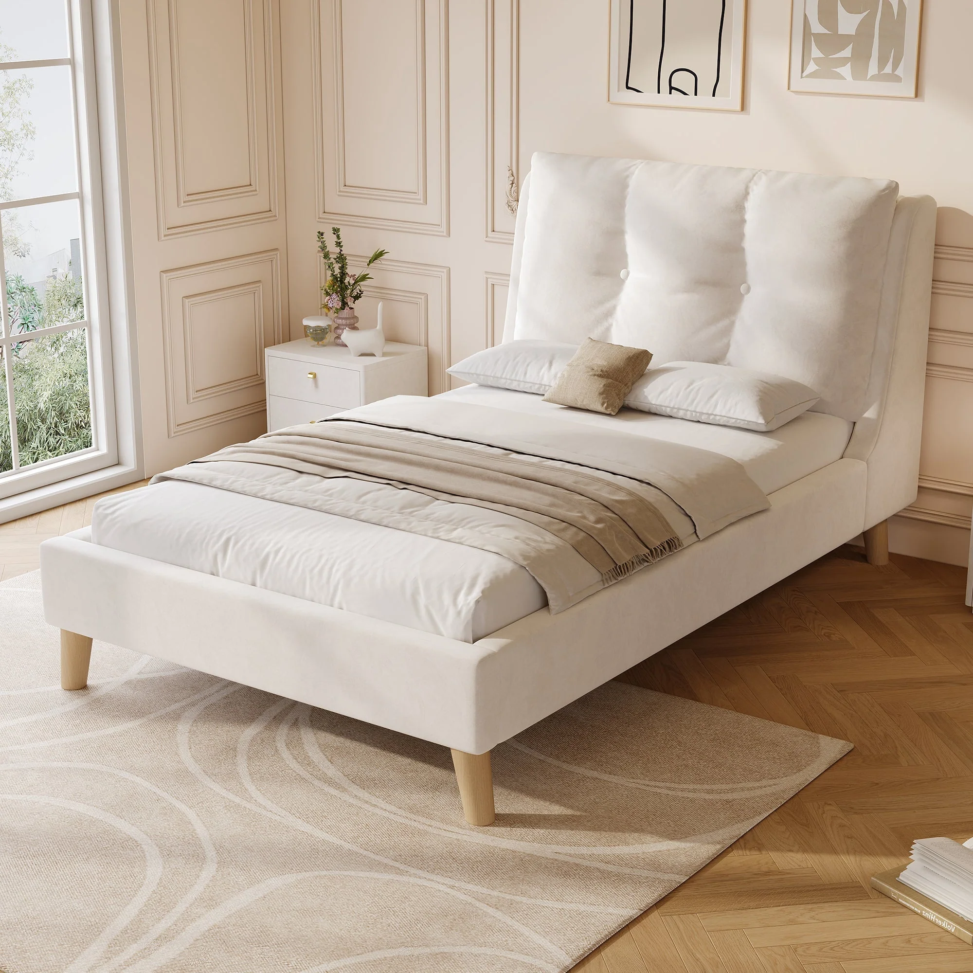 Upholstered Single Bed 90 x 200cm with Slatted Base and Solid Wood Legs, Beige Velvet - Image 2