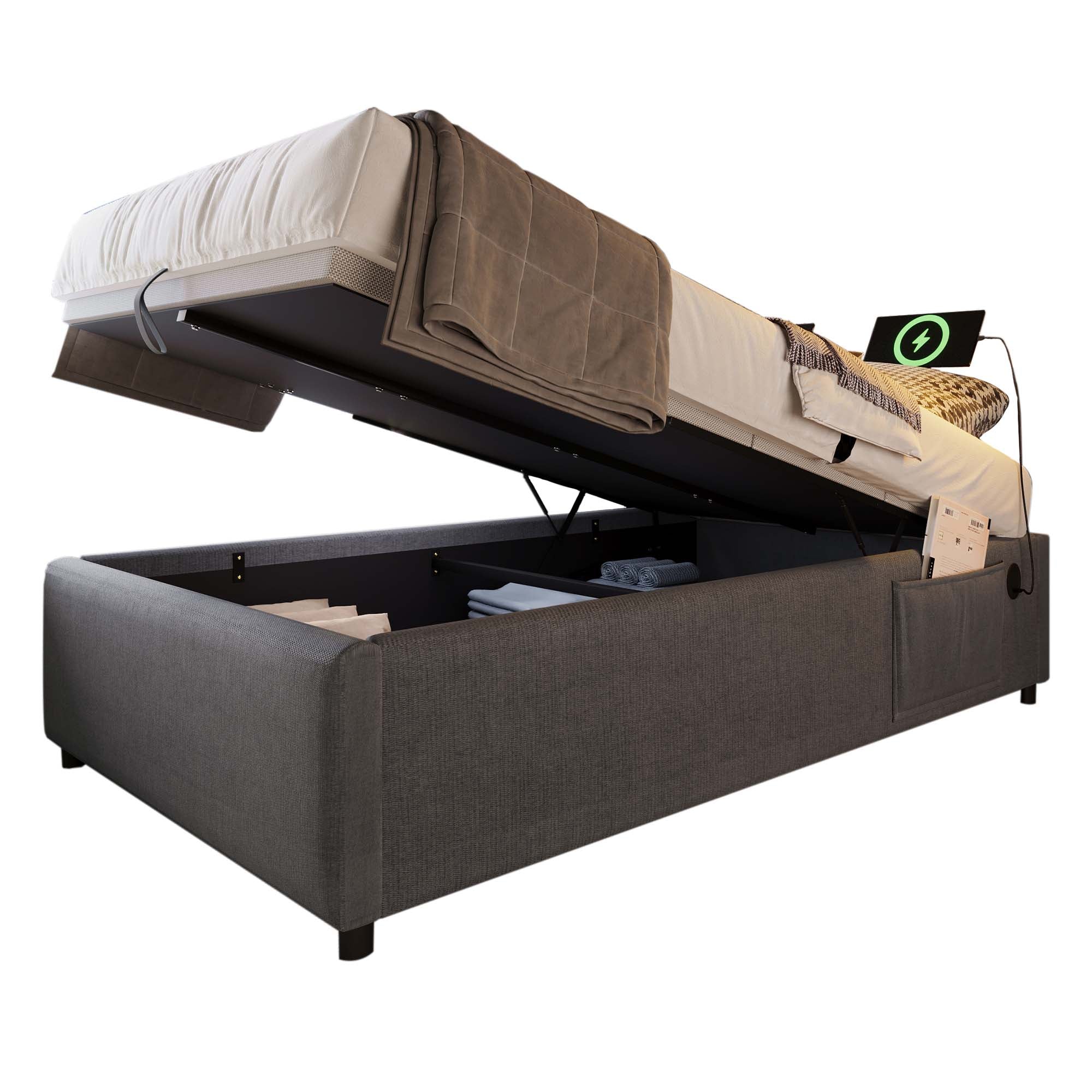 Upholstered Single Bed, 90x190 cm with USB-C, Grey Cotton - Image 10