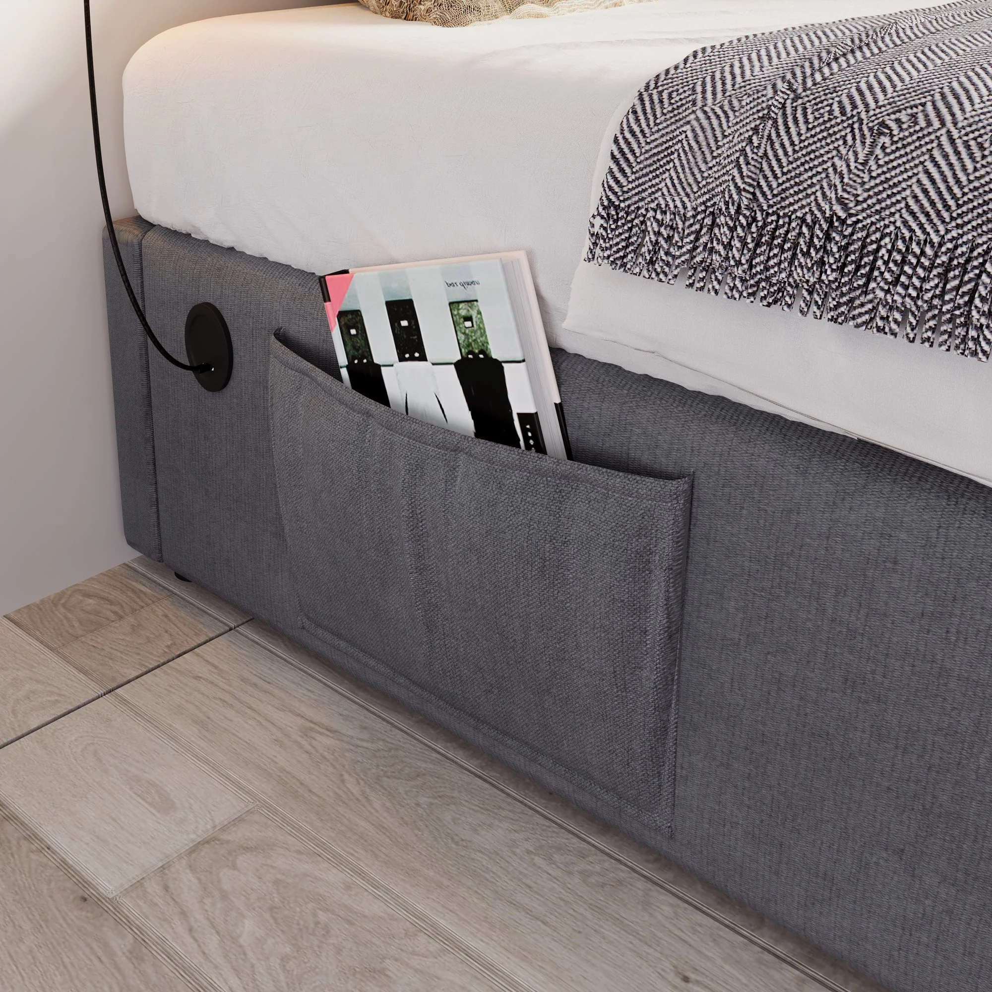 Upholstered Single Bed, 90x190 cm with USB-C, Grey Cotton - Image 4