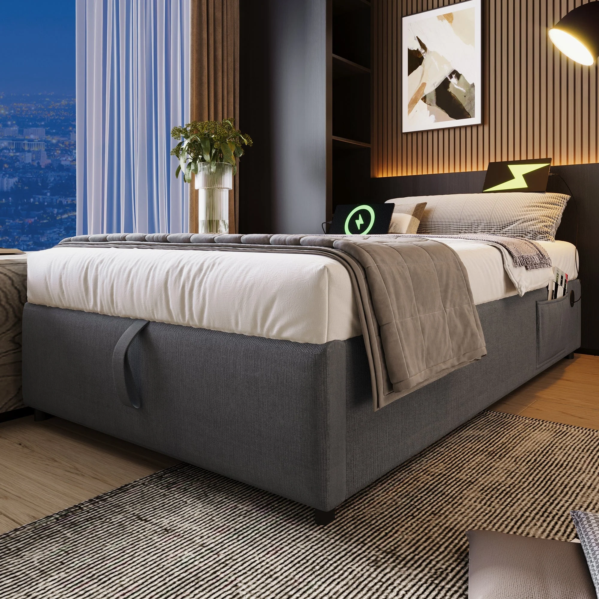 Upholstered Single Bed, 90x190 cm with USB-C, Grey Cotton - Image 5