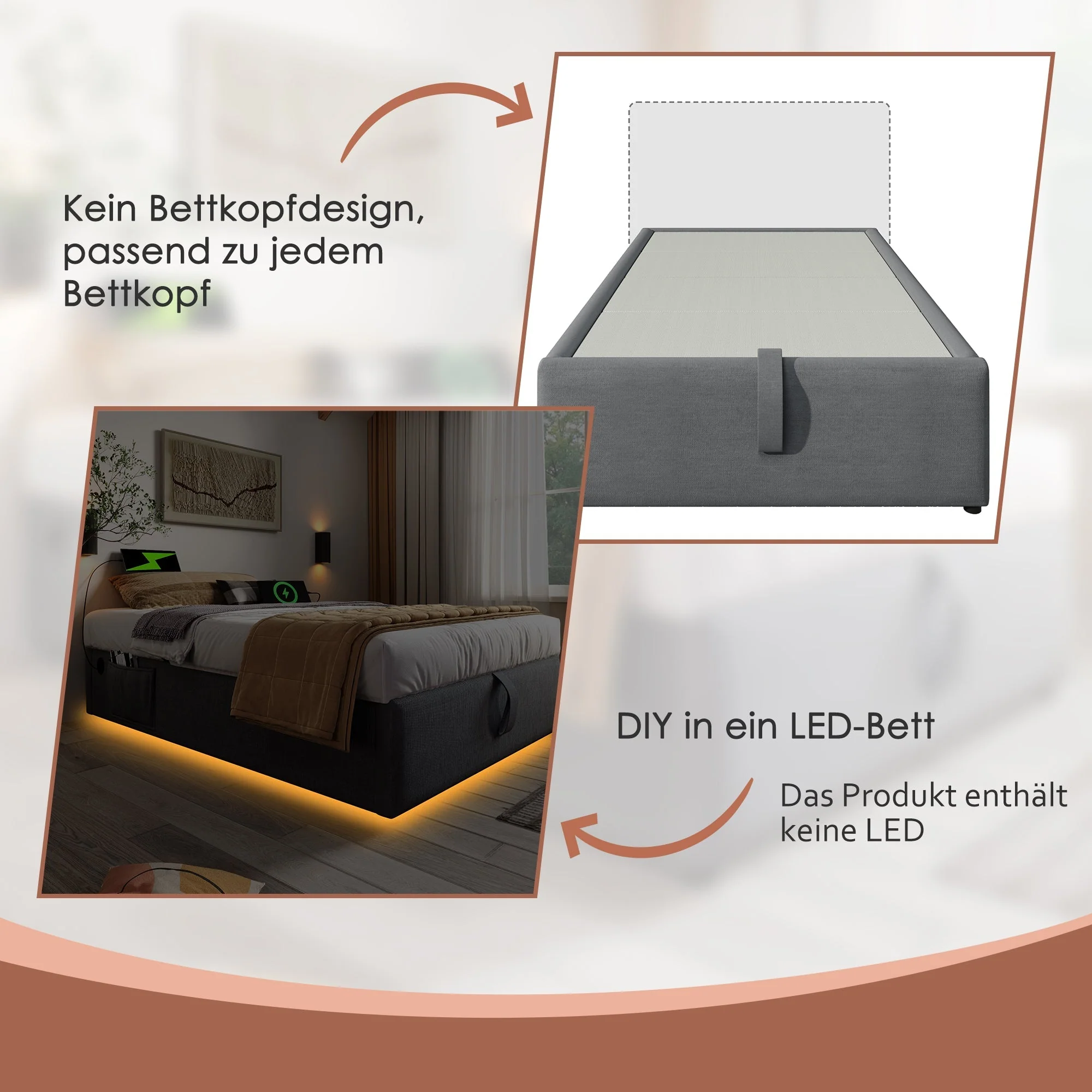 Upholstered Single Bed, 90x190 cm with USB-C, Grey Cotton - Image 8
