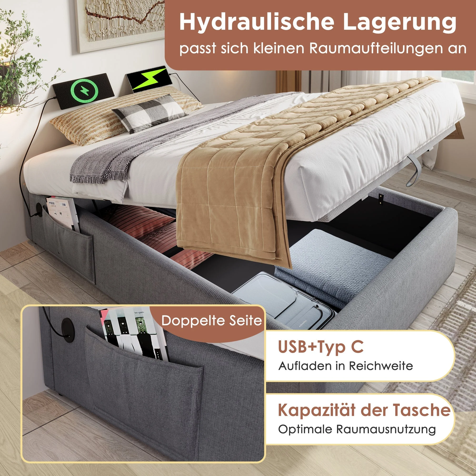 Upholstered Single Bed, 90x190 cm with USB-C, Grey Cotton - Image 9