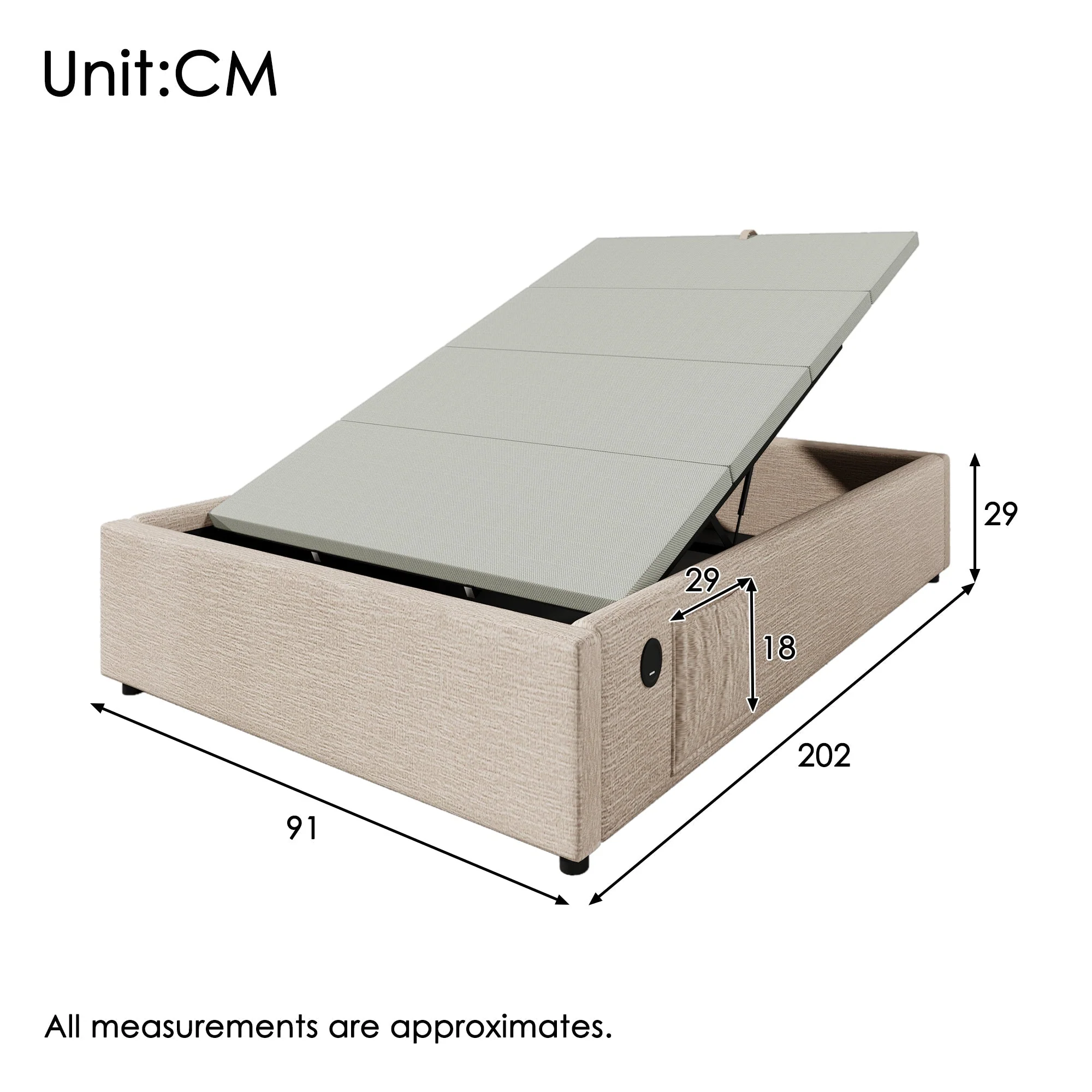 Upholstered Single Bed 90×200 cm Storage Frame USB-C Slatted Base, Linen Natural - Image 2