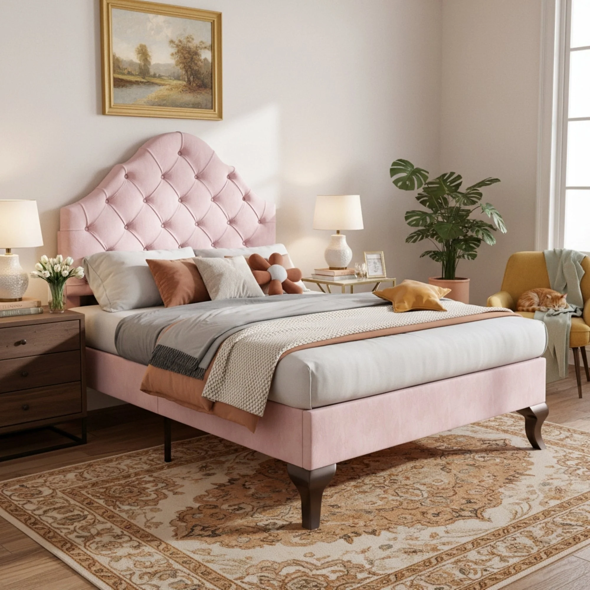 Upholstered Single Bed 90x200 Height-Adjustable Headboard Slatted Base Velvet Pink - Image 3