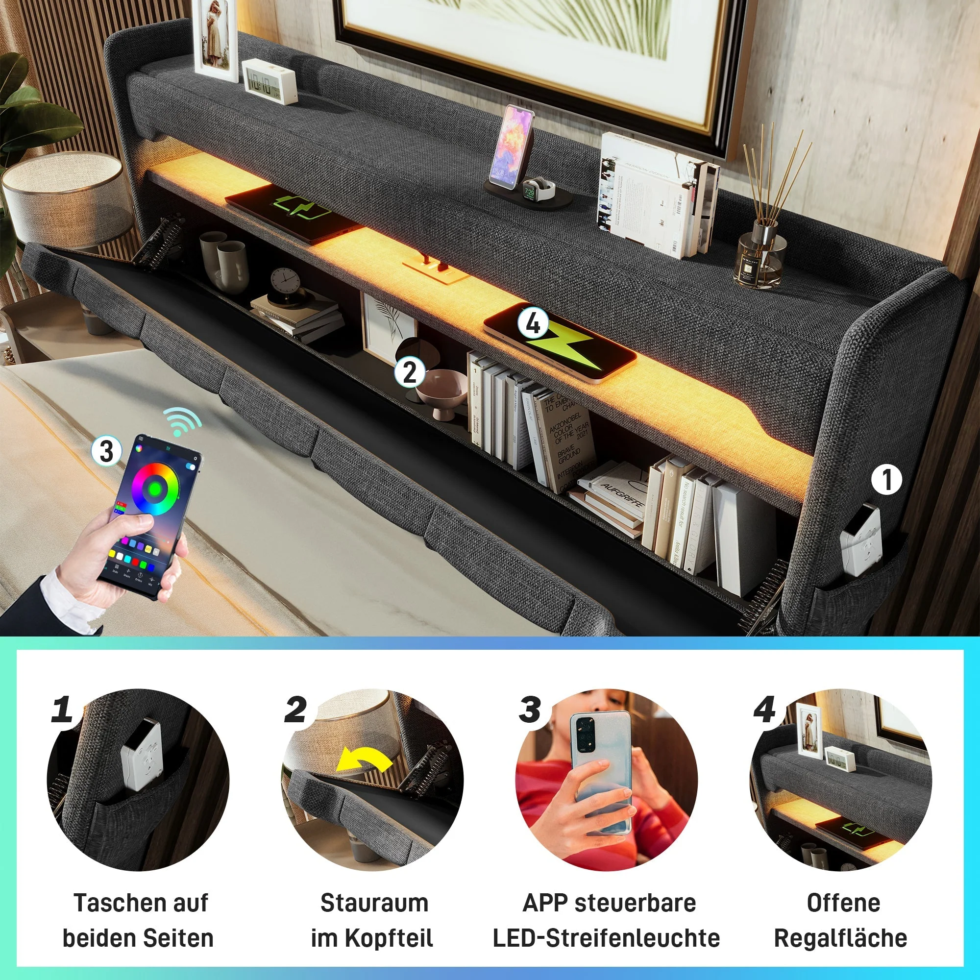 Upholstered Single Bed, 90x200, USB & Type-C Port, 360 LED, Hydraulic Storage, Gray Linen - Image 3
