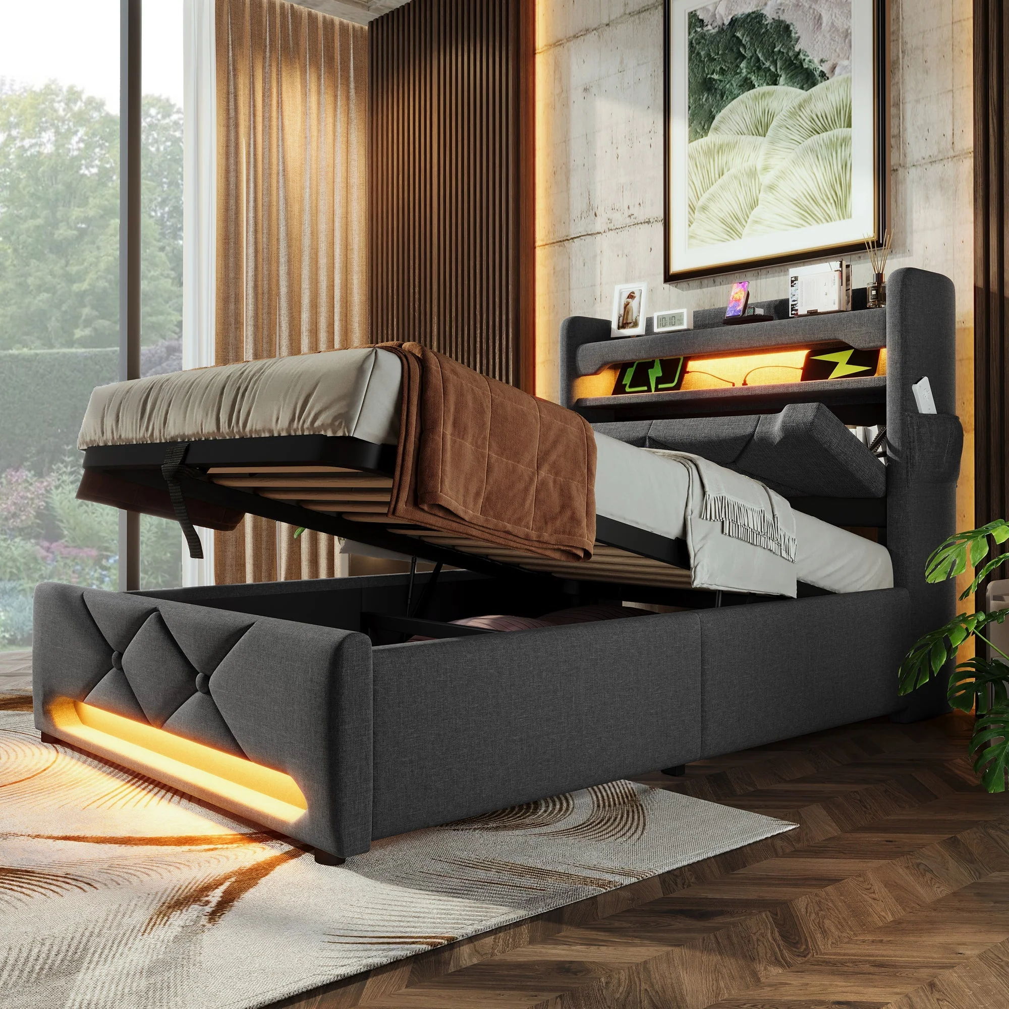Upholstered Single Bed, 90x200, USB & Type-C Port, 360 LED, Hydraulic Storage, Gray Linen - Image 9