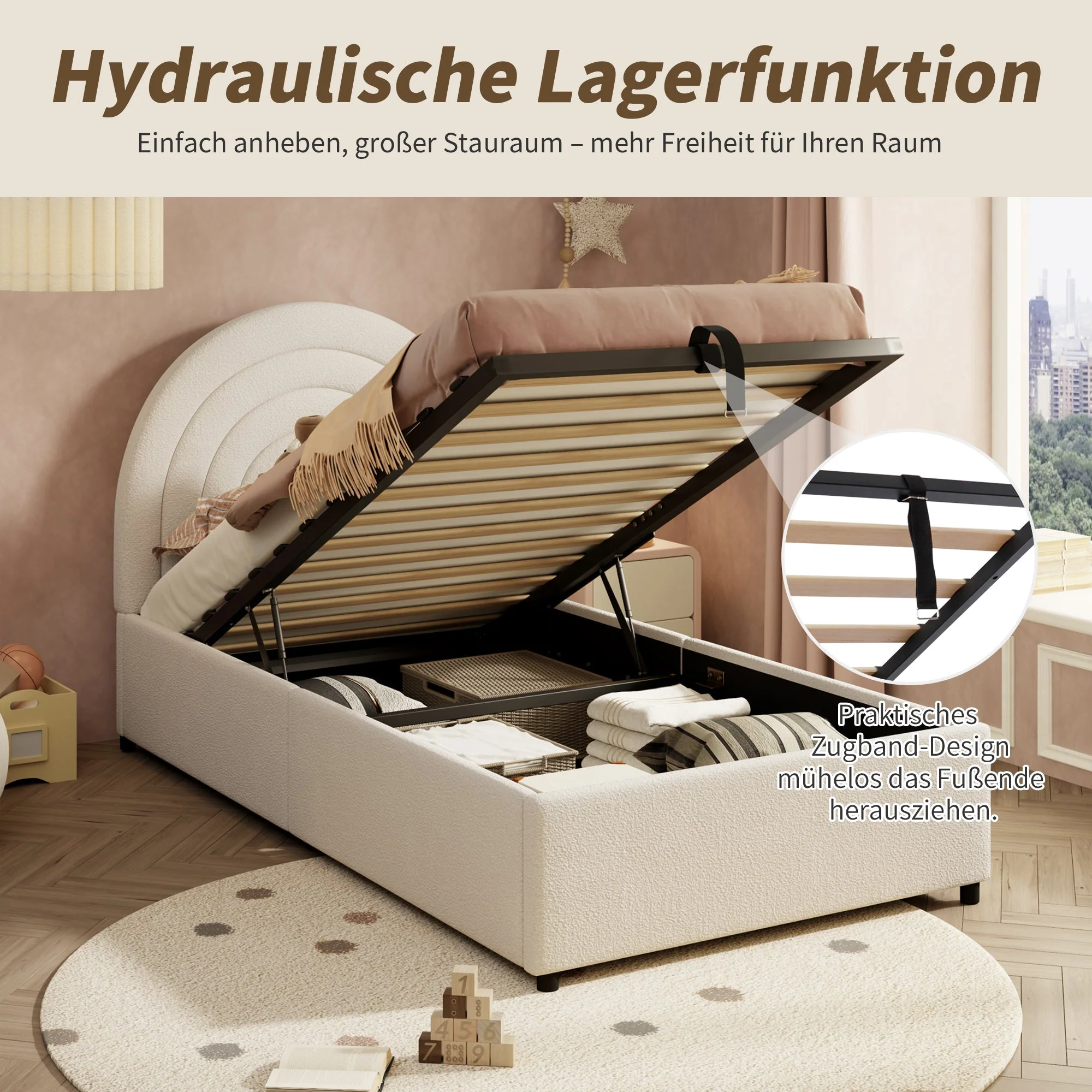 Upholstered Single Bed 90x200 with Slatted Base and Headboard, Beige Bouclé - Image 4