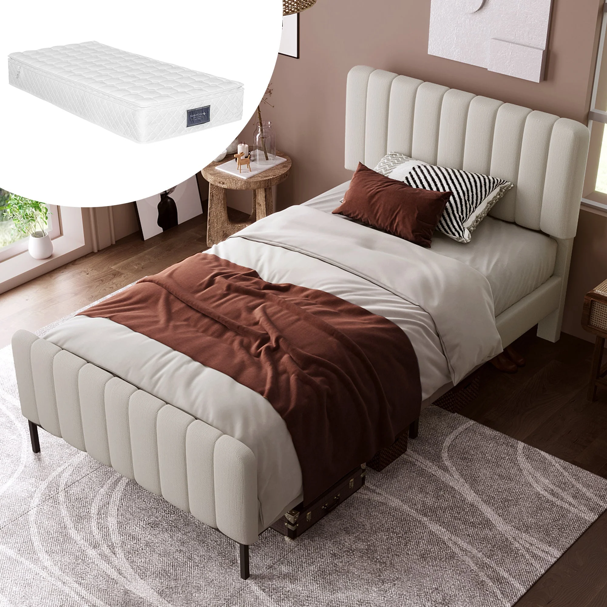 Upholstered Single Bed, 90x200cm Adjustable Headboard, Grey-Beige Linen