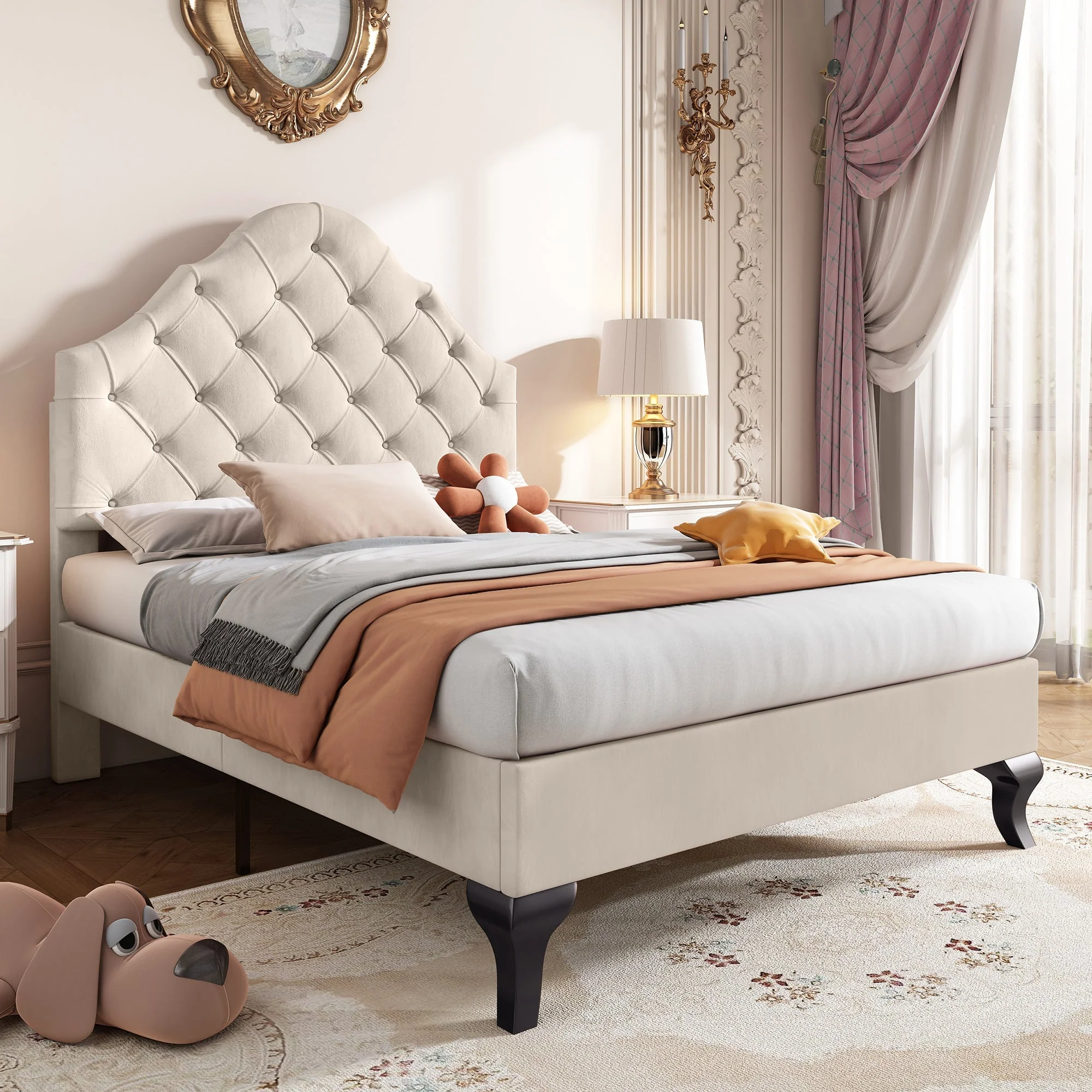 Upholstered Single Bed 90x200cm Adjustable Headboard Slatted Frame - Velvet Beige - Image 3