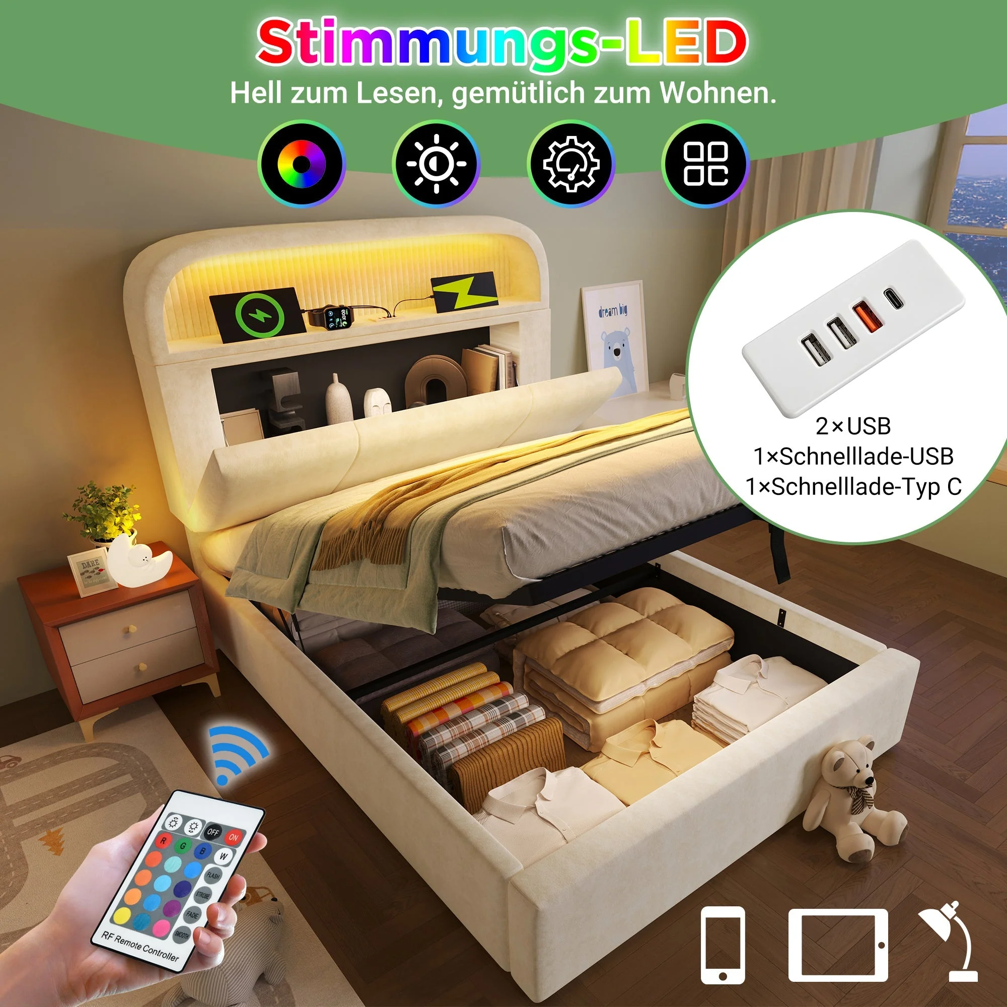 Upholstered Single Bed 90x200cm Adjustable Storage Headboard Hydraulic LED & USB/Type-C Charging Velvet Beige - Image 3