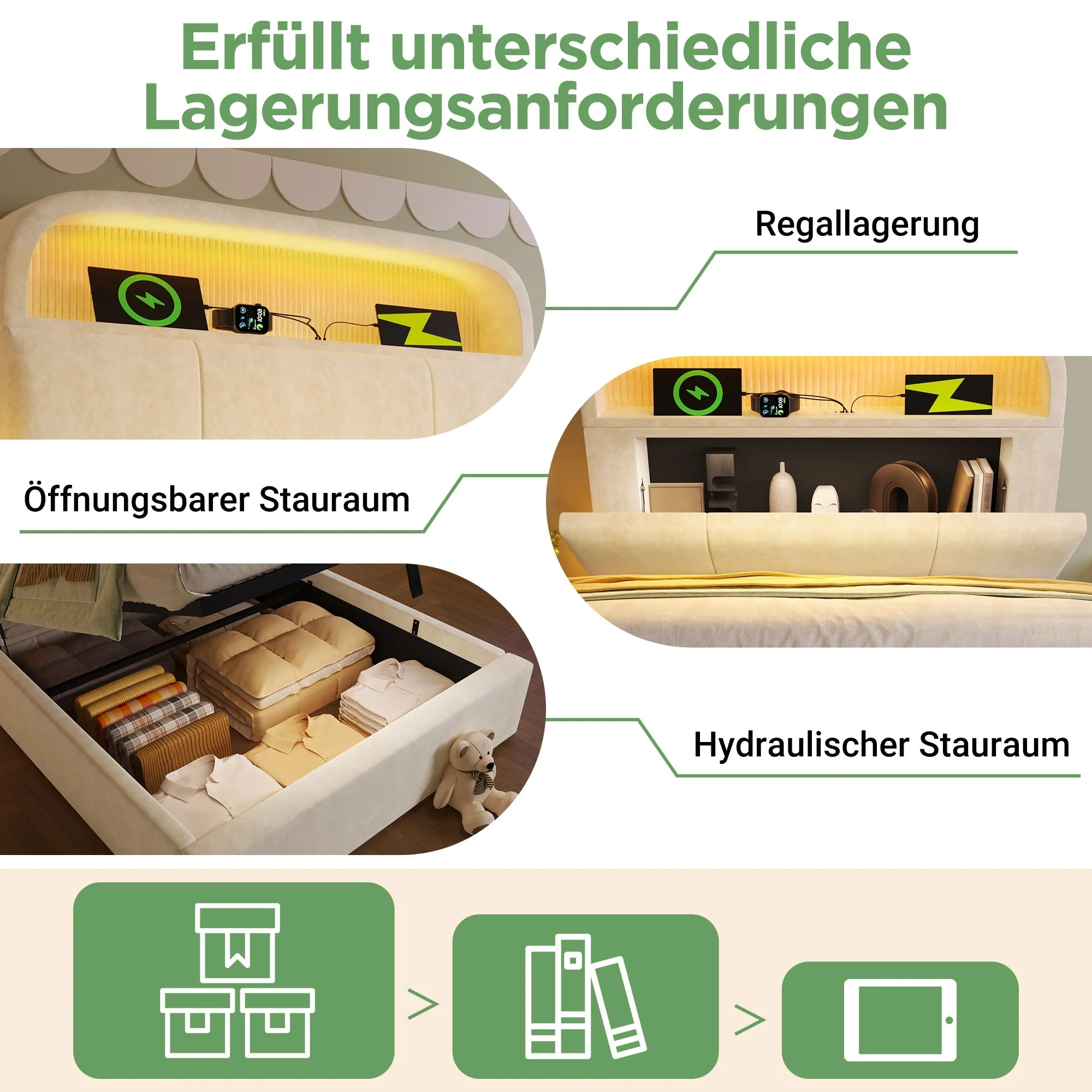 Upholstered Single Bed 90x200cm Adjustable Storage Headboard Hydraulic LED & USB/Type-C Charging Velvet Beige - Image 5
