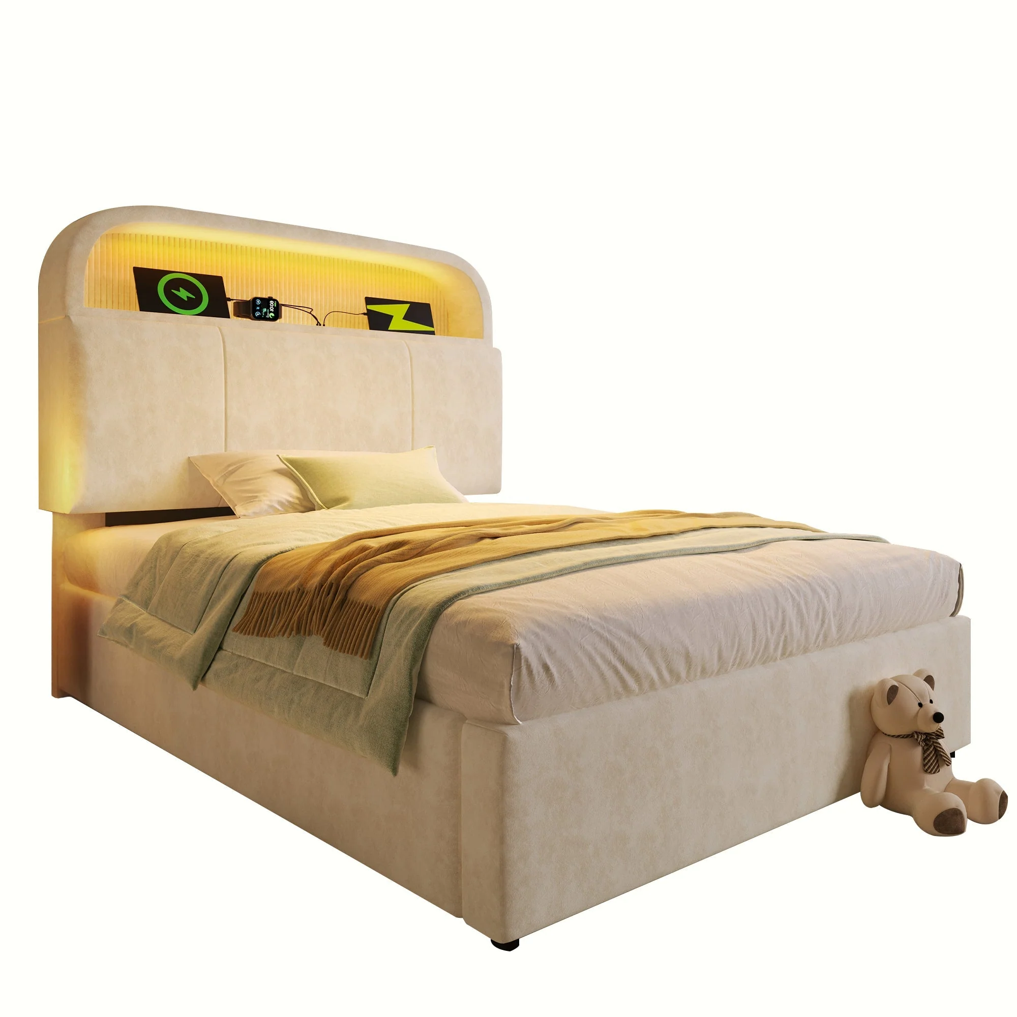 Upholstered Single Bed 90x200cm Adjustable Storage Headboard Hydraulic LED & USB/Type-C Charging Velvet Beige - Image 7