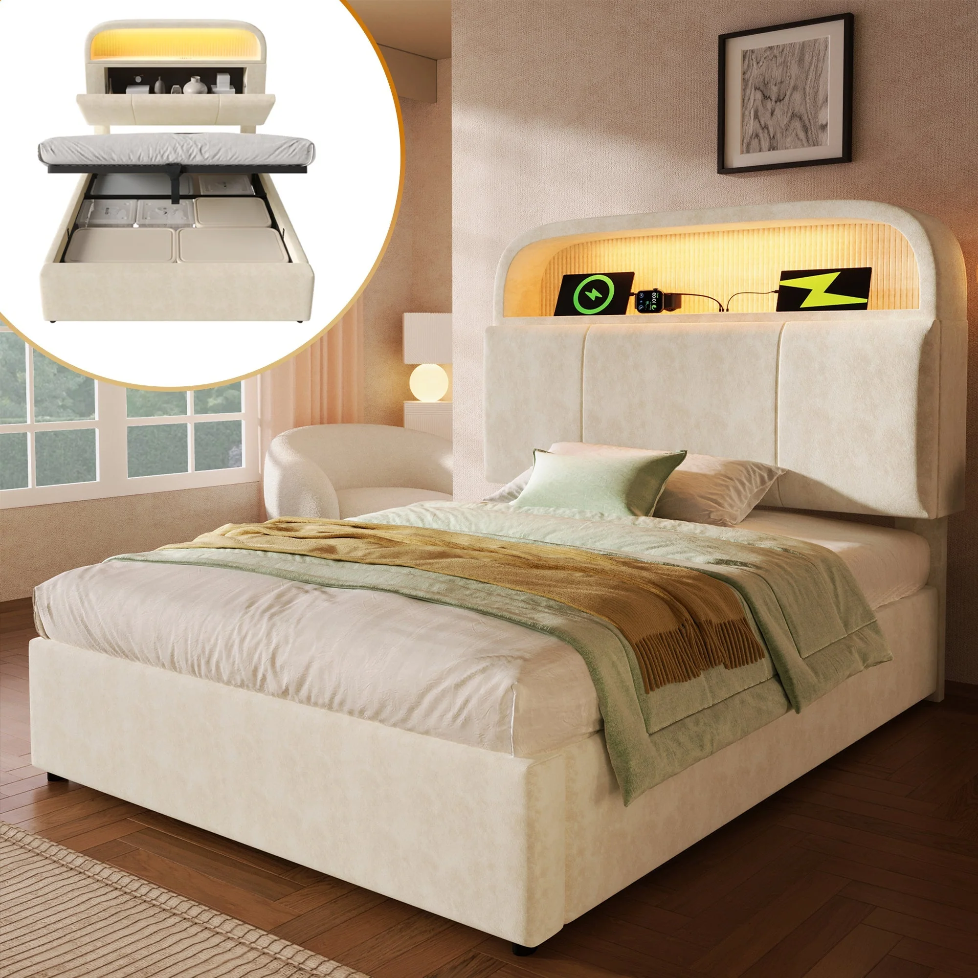 Upholstered Single Bed 90x200cm Adjustable Storage Headboard Hydraulic LED & USB/Type-C Charging Velvet Beige - Image 8