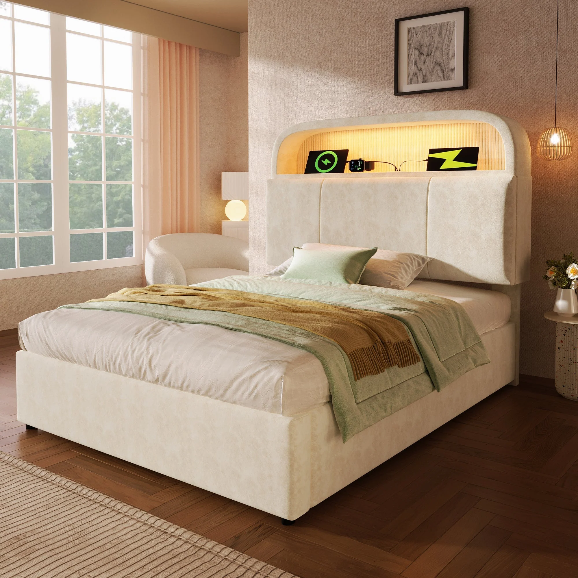 Upholstered Single Bed 90x200cm Adjustable Storage Headboard Hydraulic LED & USB/Type-C Charging Velvet Beige - Image 9