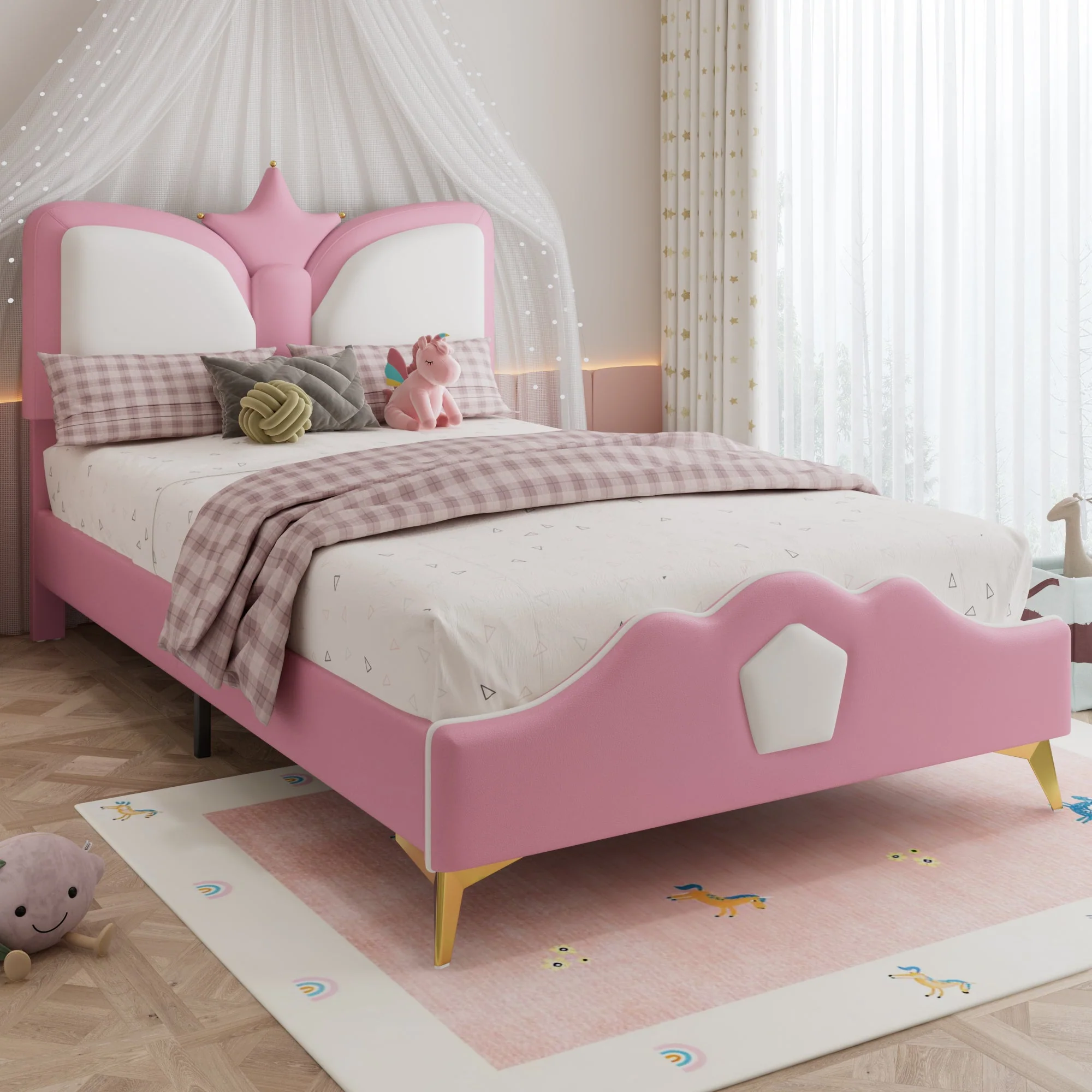 Upholstered Single Bed 90x200cm Crown Headboard Anti-Collision - Pink/White PU - Image 2