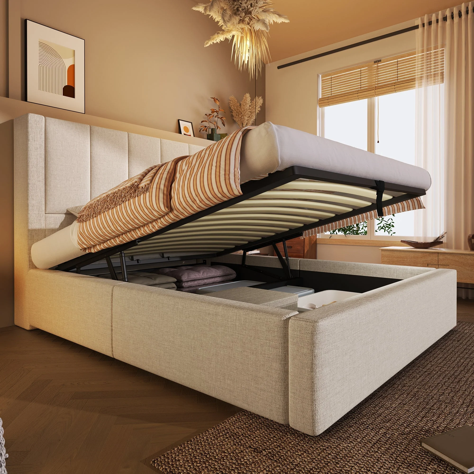 Upholstered Single Bed 90x200cm Hydraulic Storage Cup Holder Charging - Linen Beige - Image 10