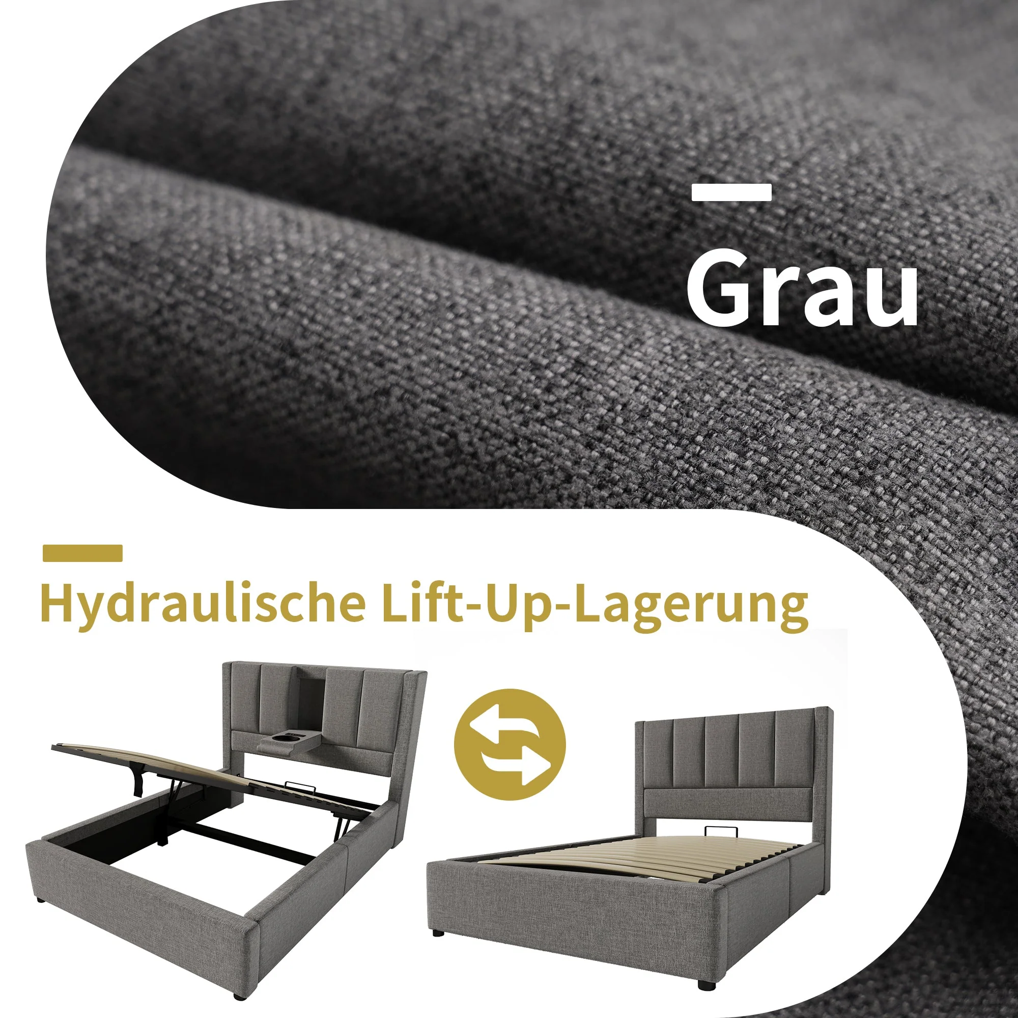Upholstered Single Bed 90x200cm Hydraulic Storage Cup Holder Charging Station Linen Grey - Image 4