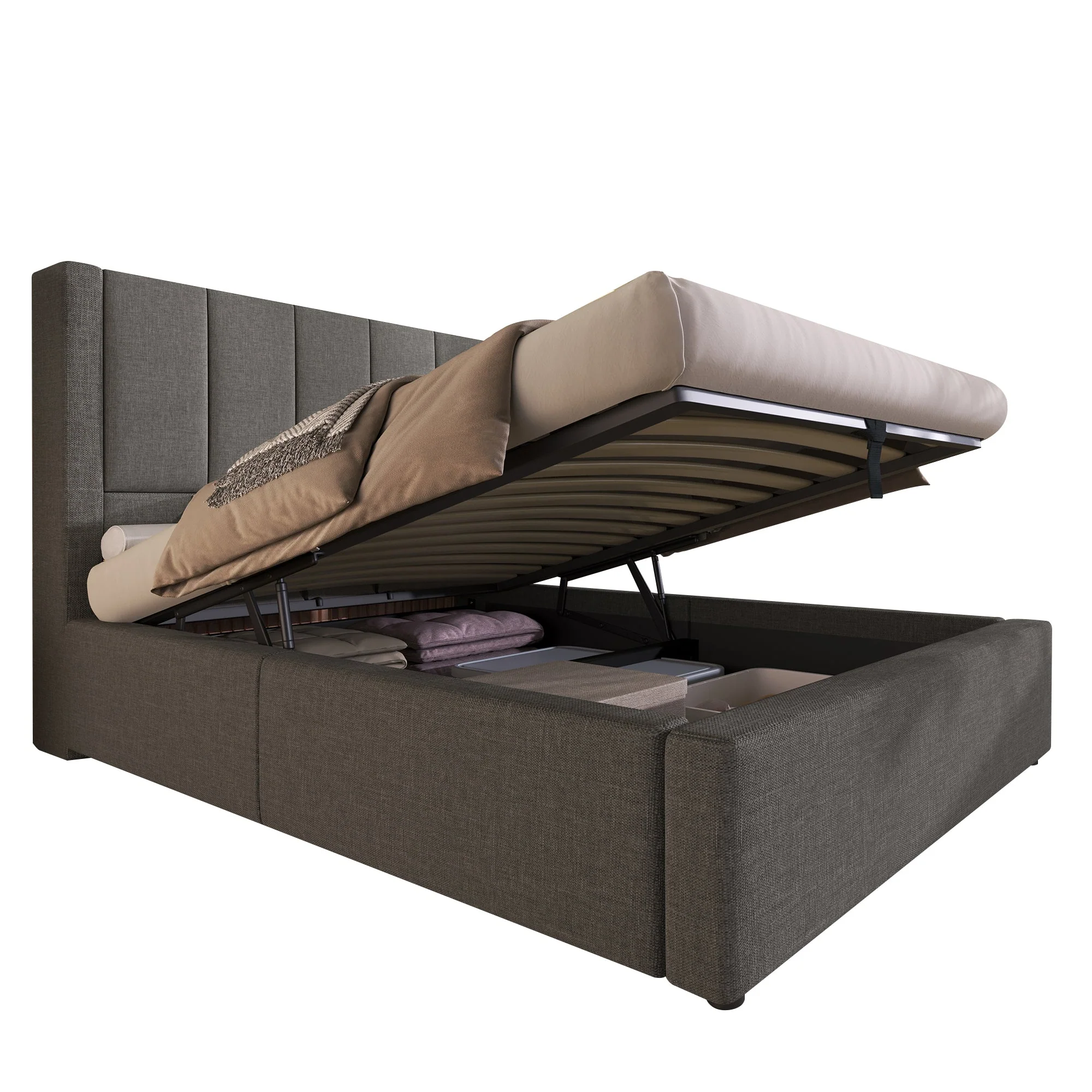Upholstered Single Bed 90x200cm Hydraulic Storage Cup Holder Charging Station - Linen Grey (With Mattress) - Image 9