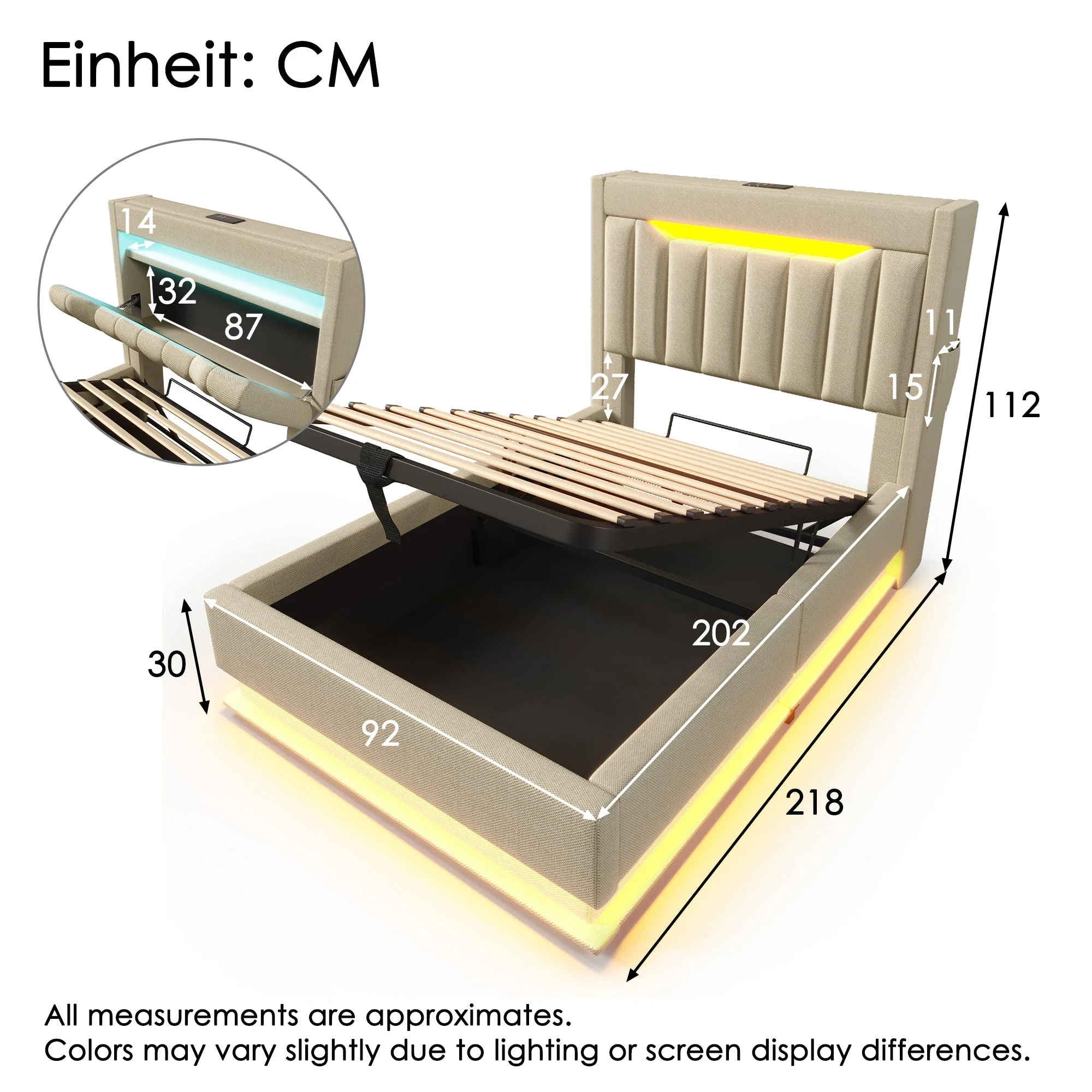 Upholstered Single Bed 90x200cm, Hydraulic Storage LED/USB Headboard, Beige Linen - Image 2