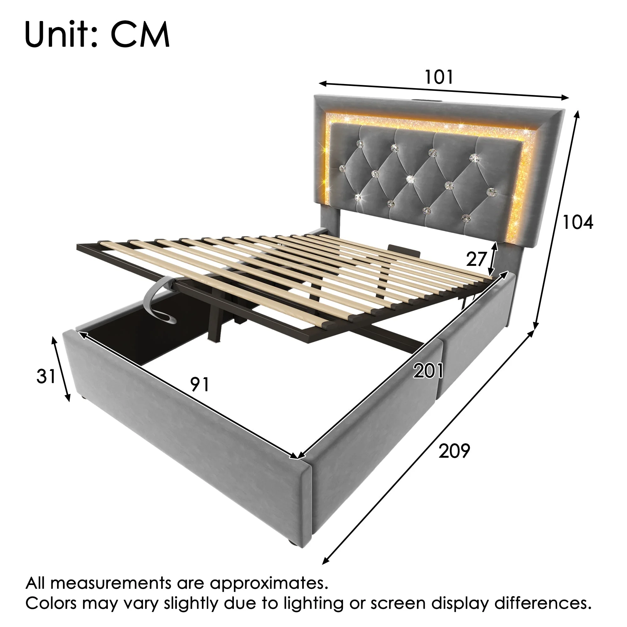 Upholstered Single Bed 90x200cm Hydraulic Storage LED USB/Type-C Charging - Velvet Grey - Image 2