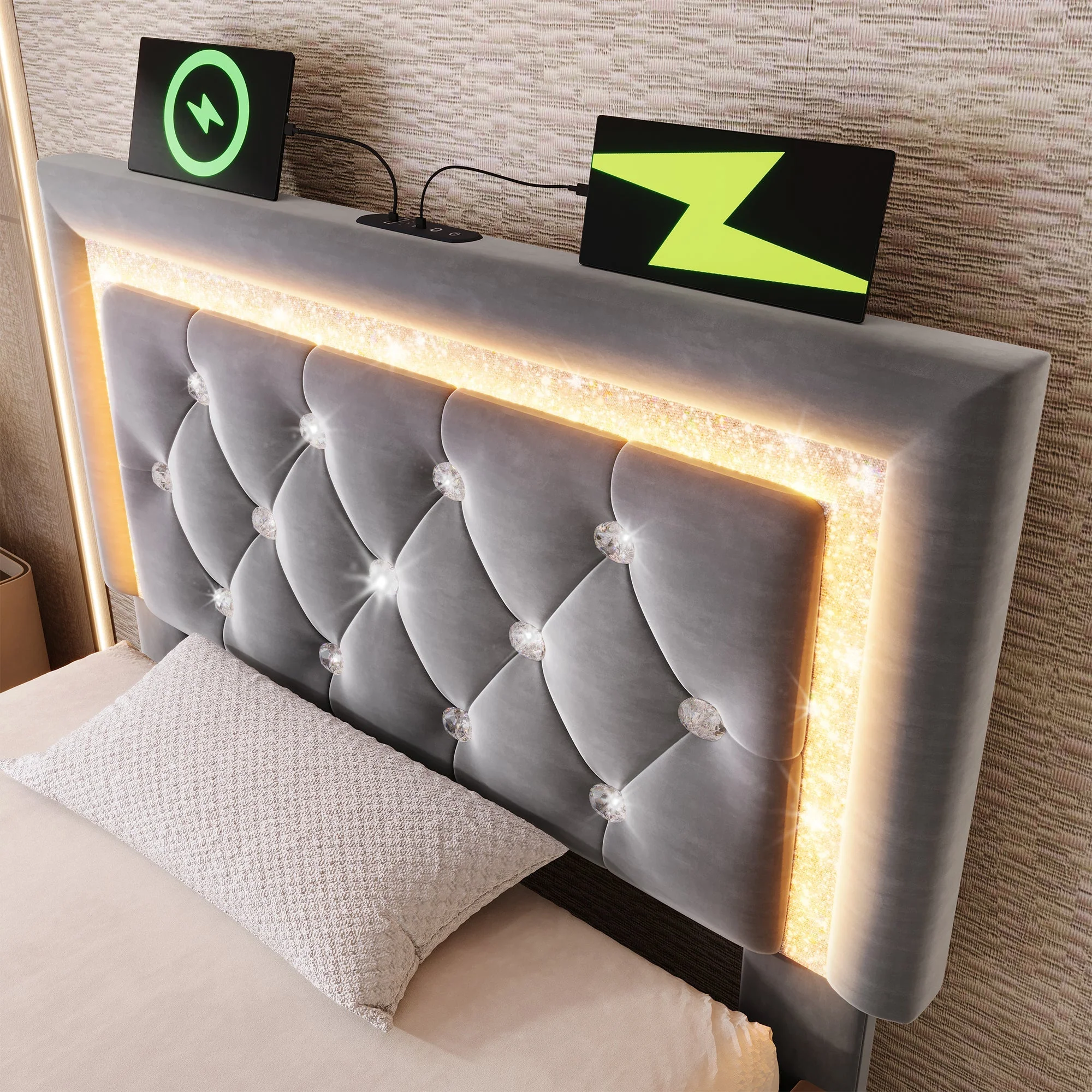 Upholstered Single Bed 90x200cm Hydraulic Storage LED USB Velvet Grey - Image 7