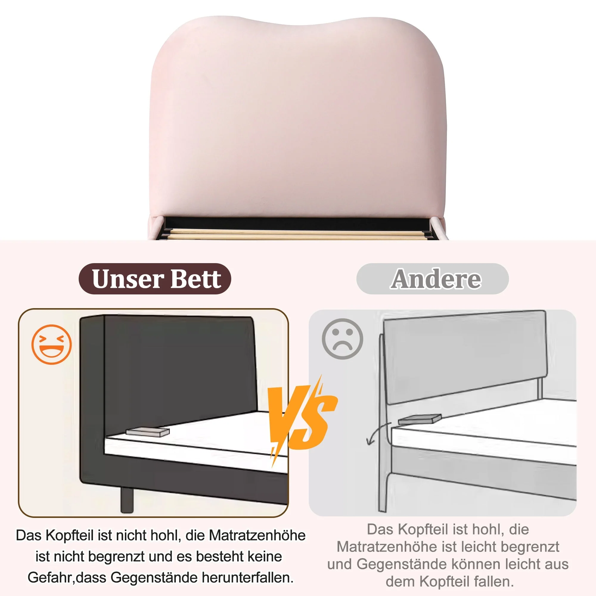 Upholstered Single Bed 90x200cm Hydraulic Storage Slatted Base - Velvet Pink - Image 6