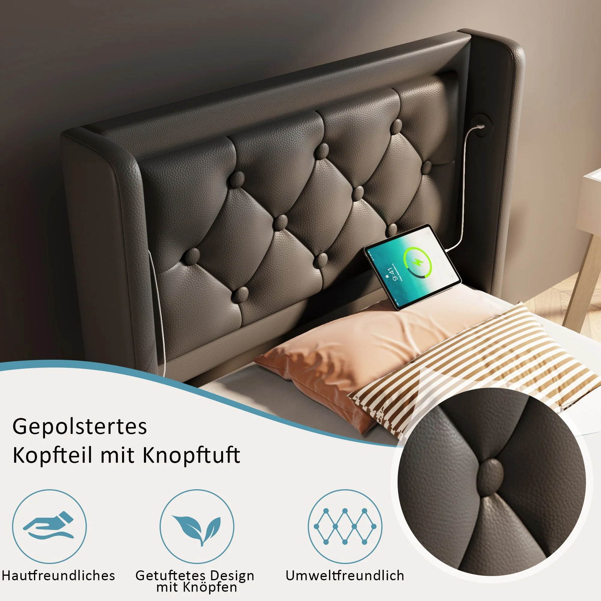 Upholstered Single Bed 90x200cm Hydraulic Storage USB-C LED Headboard, Black PU - Image 6