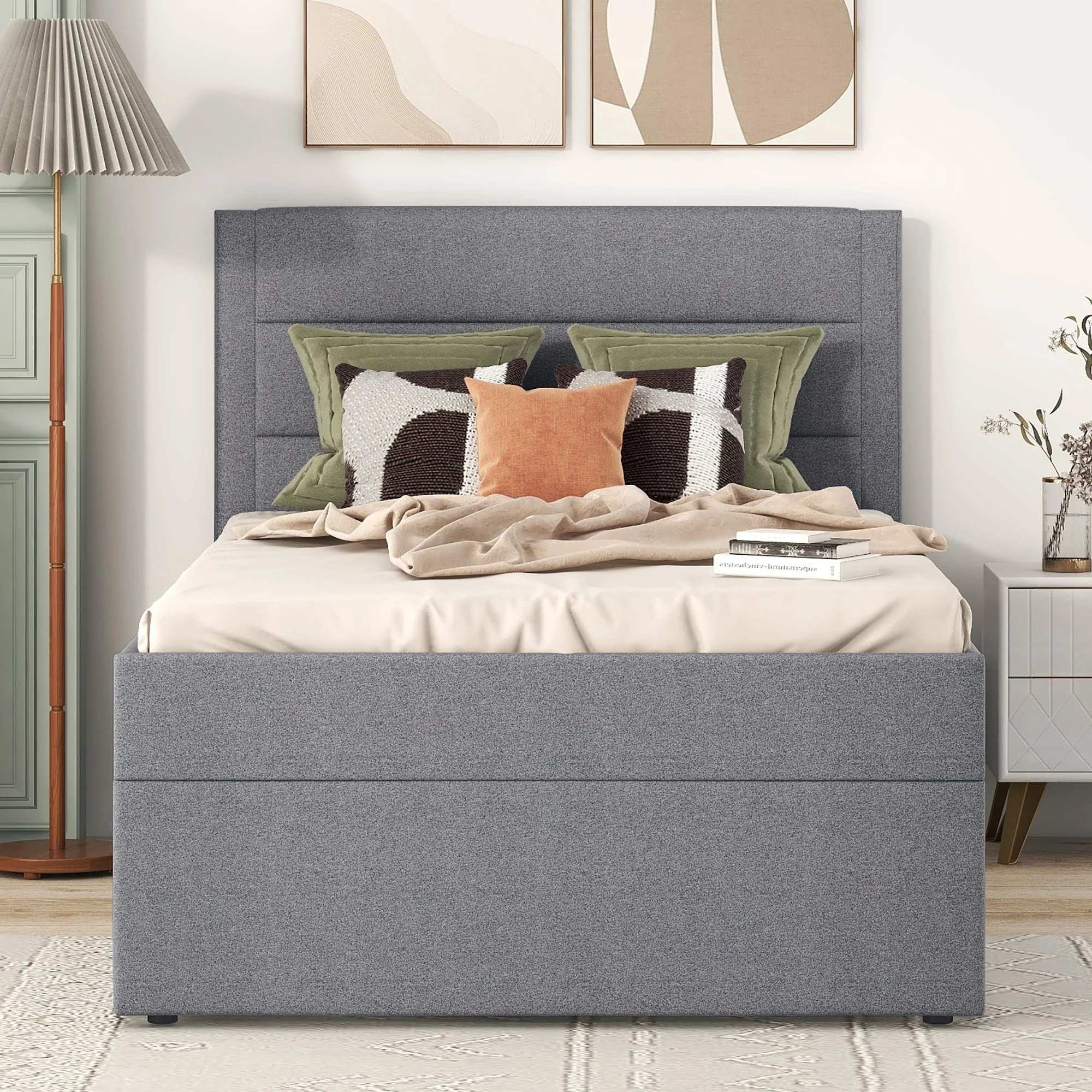 Upholstered Single Bed 90x200cm Large Storage Metal Slatted Base - Grey - Image 3