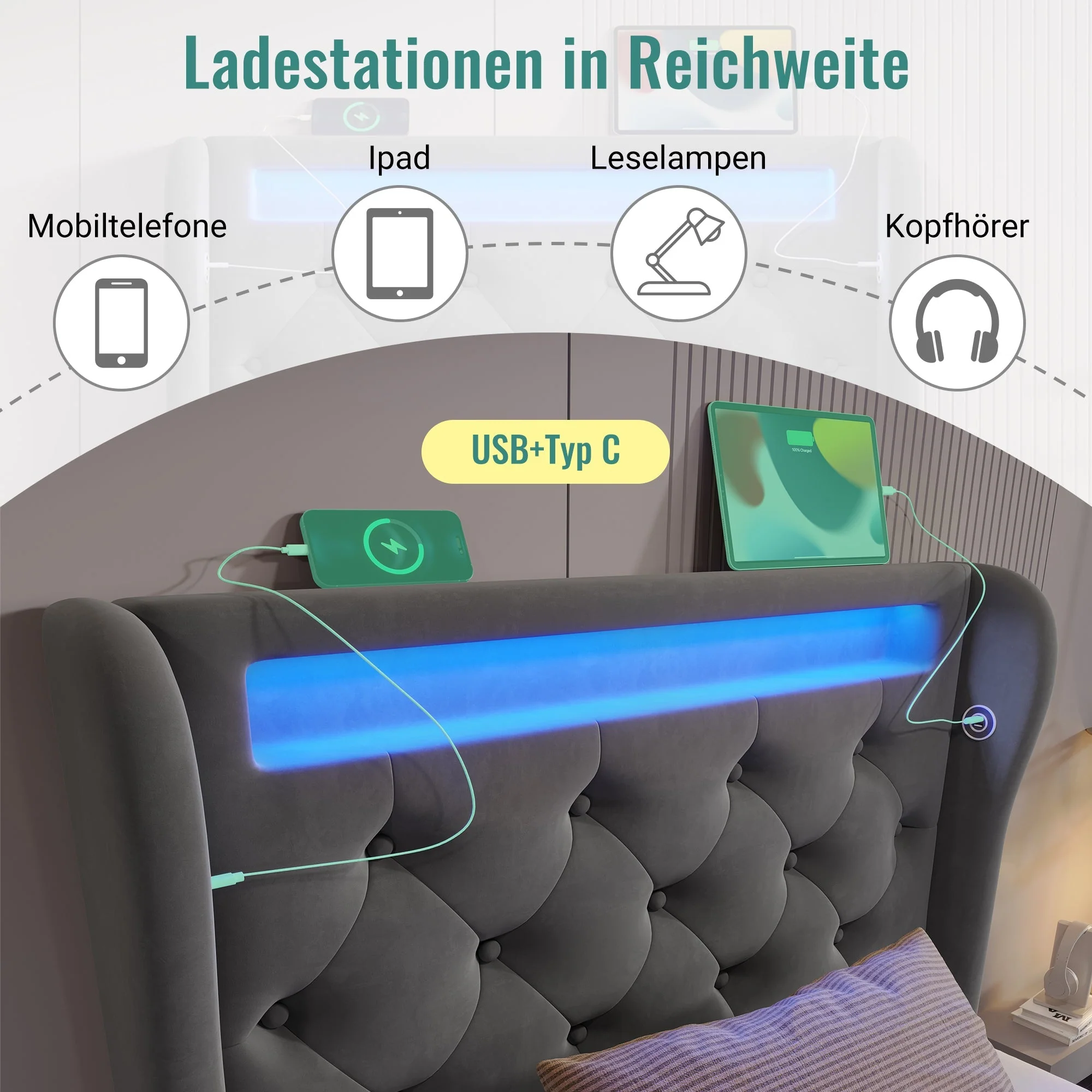 Upholstered Single Bed 90x200cm LED Headboard Hydraulic Storage, Grey Velvet - Image 6