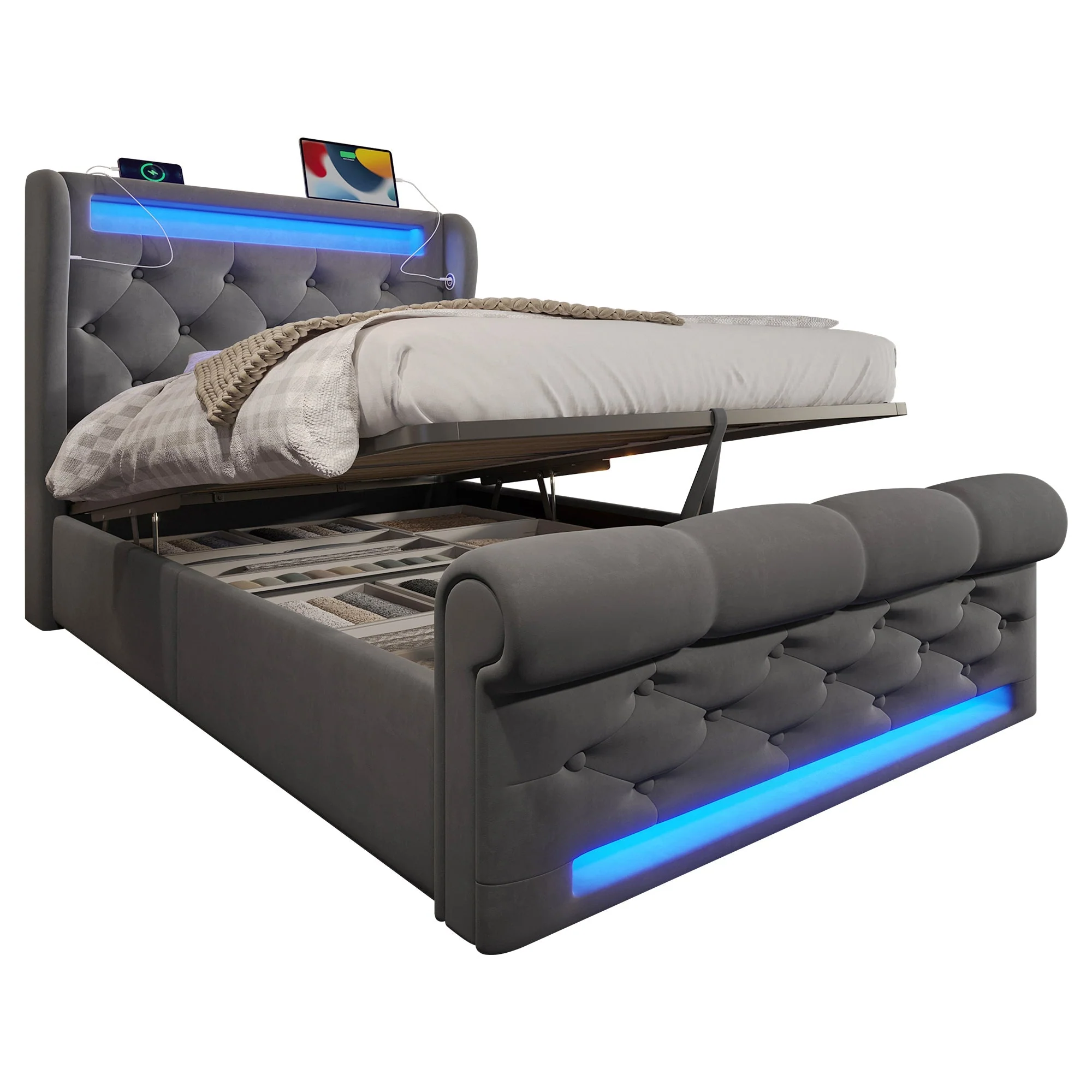Upholstered Single Bed 90x200cm LED Headboard Hydraulic Storage, Grey Velvet - Image 7
