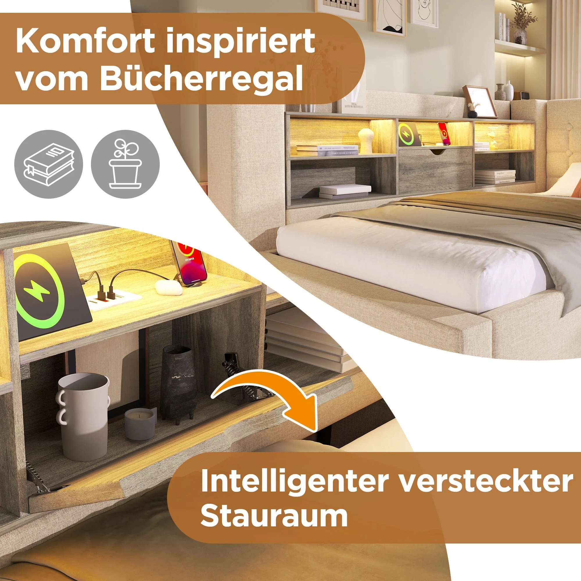Upholstered Single Bed 90x200cm LED Lighting Hydraulic Storage L-Shaped Headboard Linen Beige - Image 5