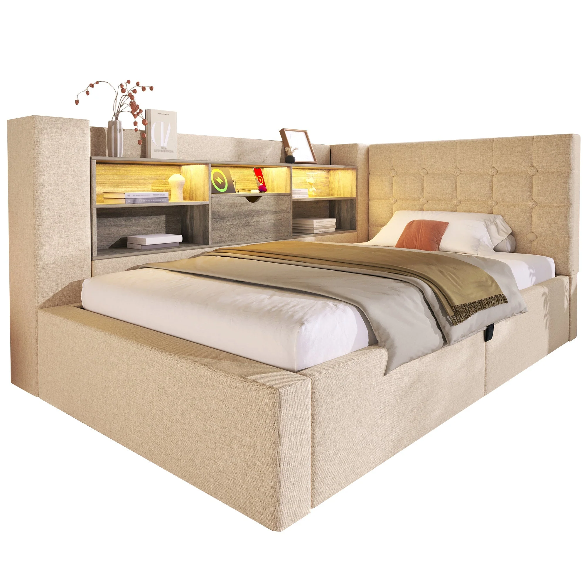 Upholstered Single Bed 90x200cm LED Lighting Hydraulic Storage L-Shaped Headboard Linen Beige - Image 7