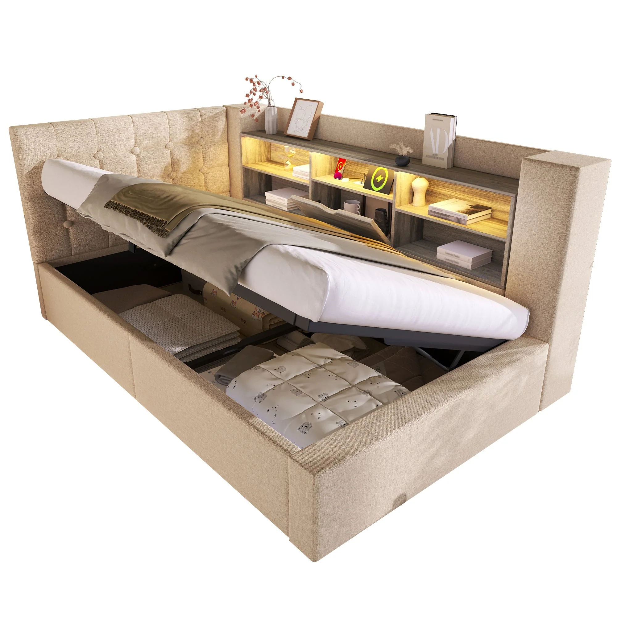 Upholstered Single Bed 90x200cm LED Lighting Hydraulic Storage L-Shaped Headboard Linen Beige - Image 8