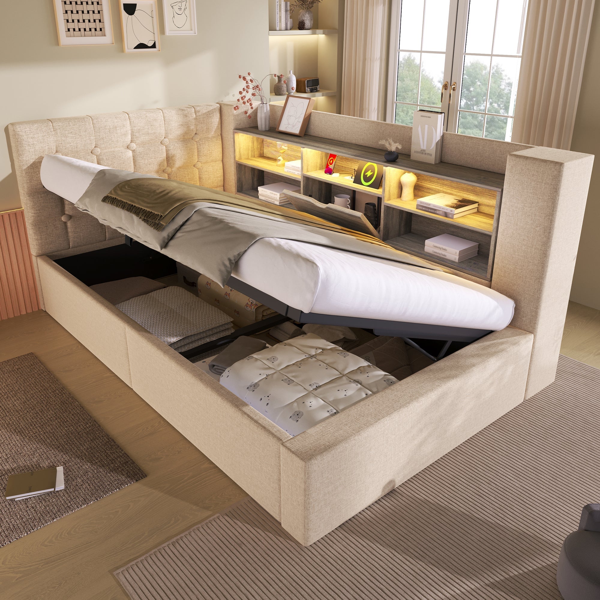 Upholstered Single Bed 90x200cm LED Lighting Hydraulic Storage L-Shaped Headboard Linen Beige - Image 9