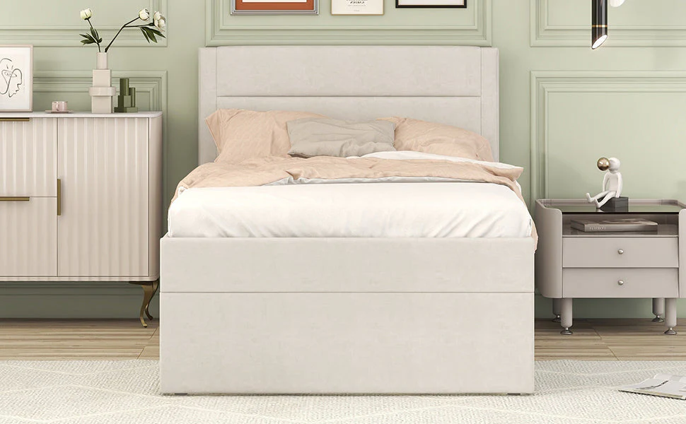 Upholstered Single Bed 90x200cm Metal Frame Storage - Beige - Image 6