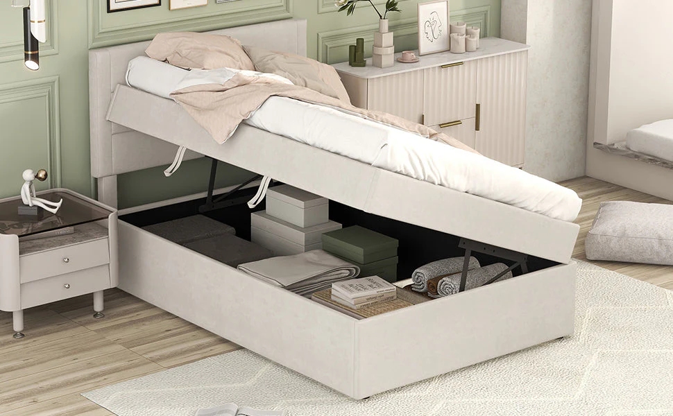 Upholstered Single Bed 90x200cm Metal Frame Storage - Beige - Image 7