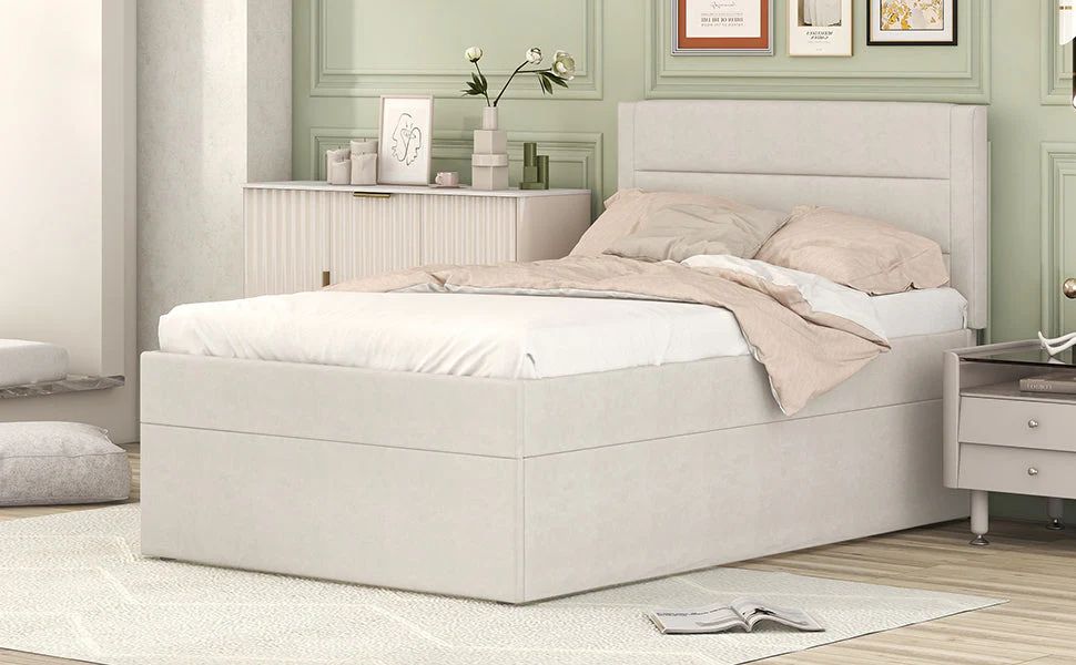 Upholstered Single Bed 90x200cm Metal Frame Storage - Beige - Image 8