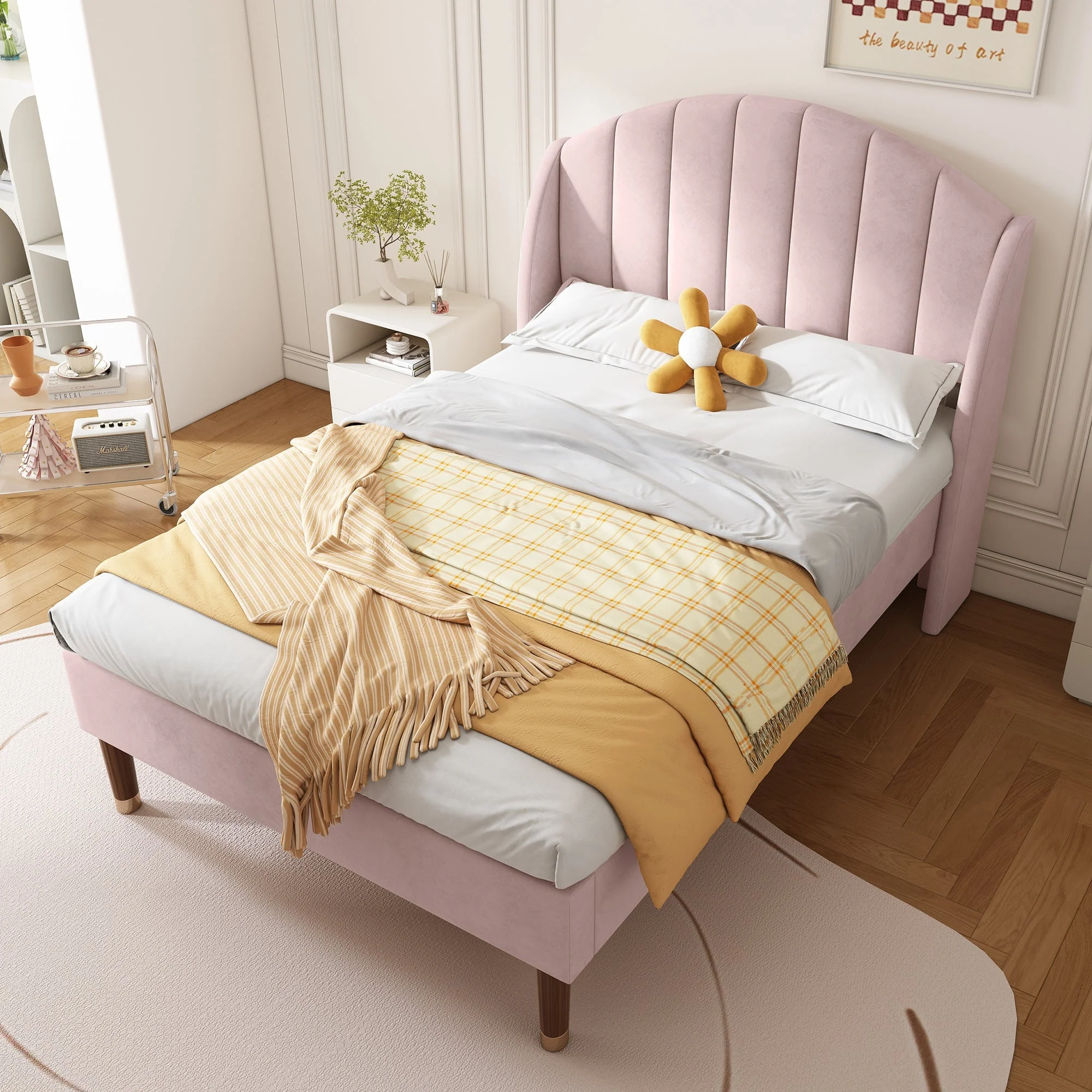 Upholstered Single Bed 90x200cm Slatted Base Headboard - Velvet Pink - Image 3
