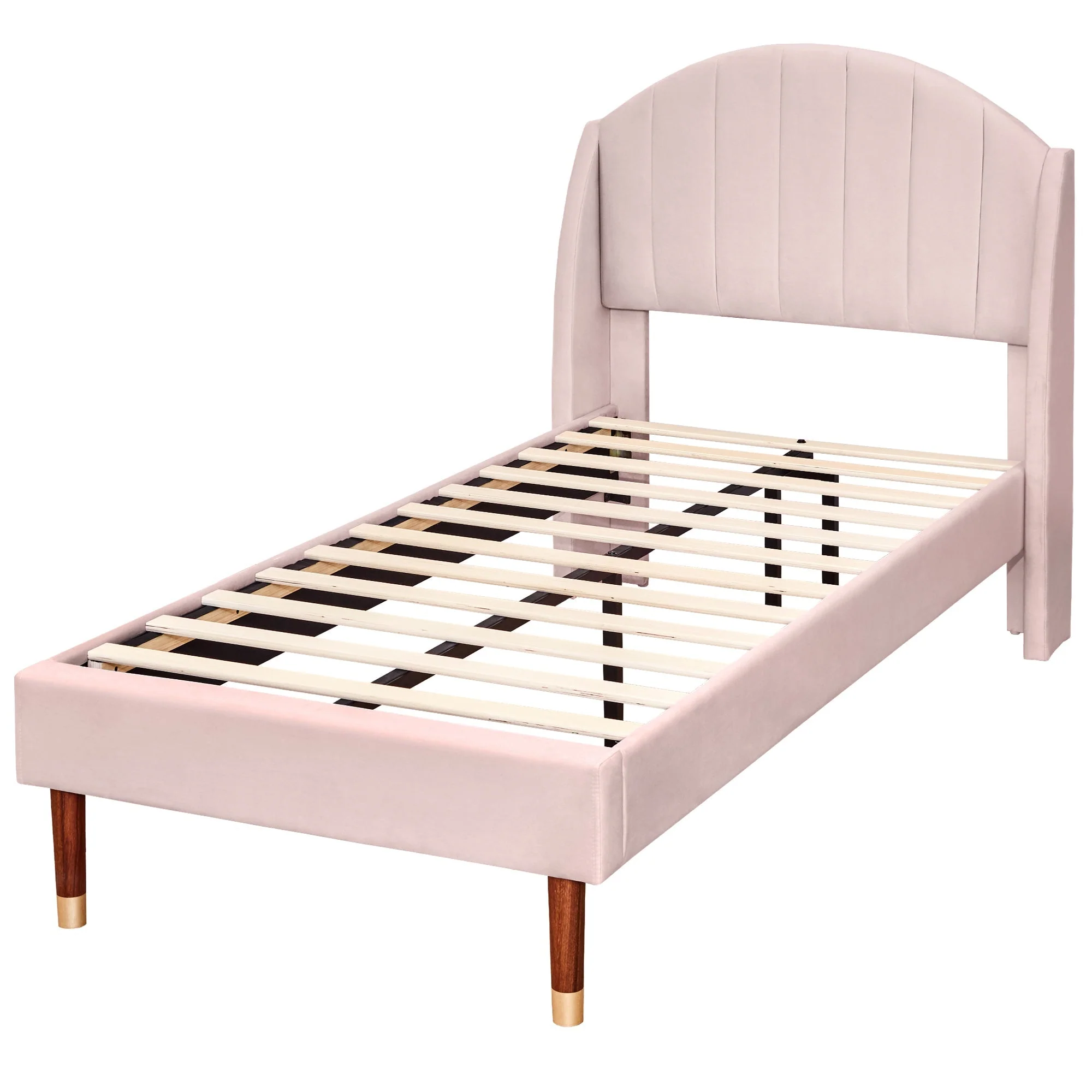 Upholstered Single Bed 90x200cm Slatted Base Headboard - Velvet Pink - Image 7