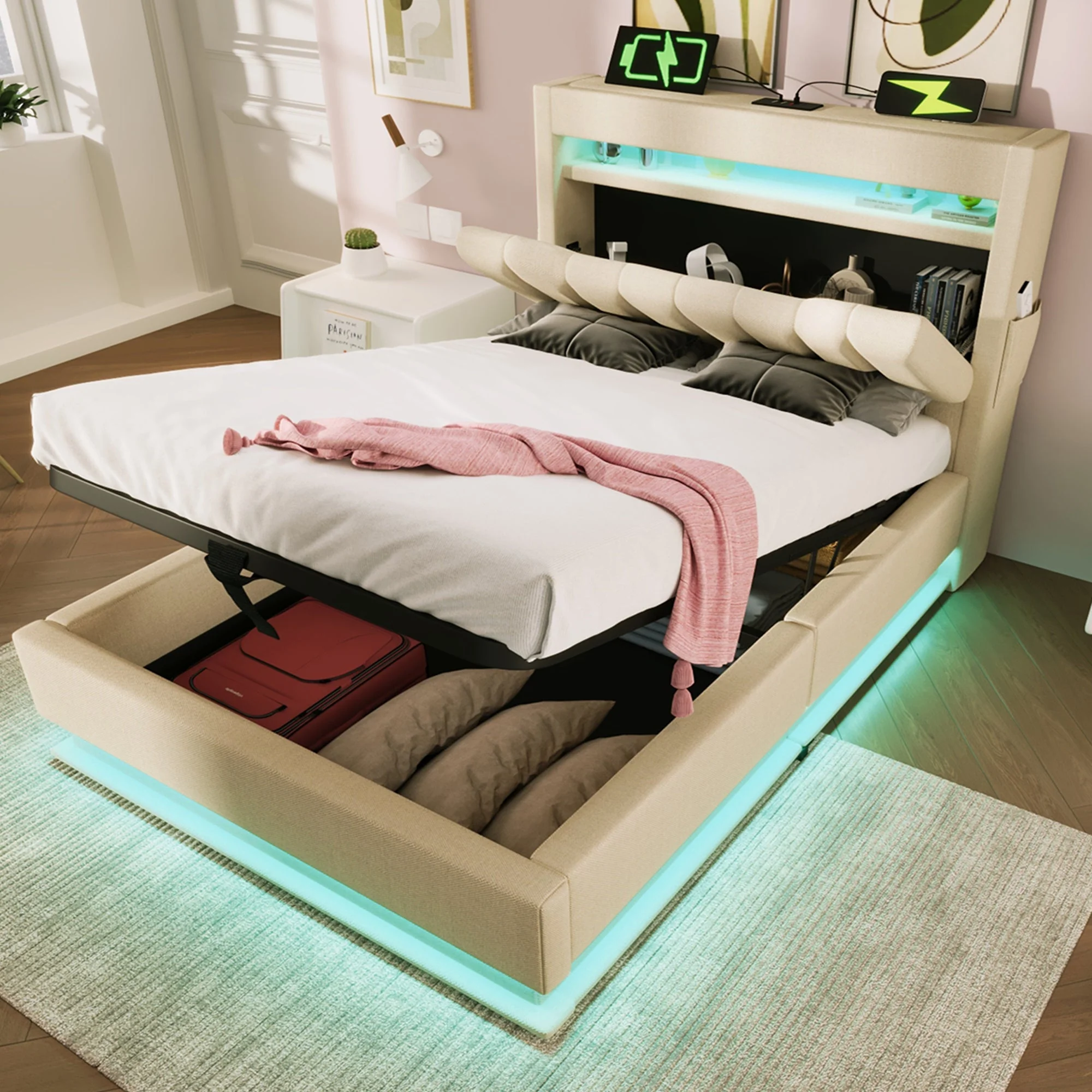 Upholstered Single Bed 90x200cm Storage Headboard LED Hydraulic, Beige Linen