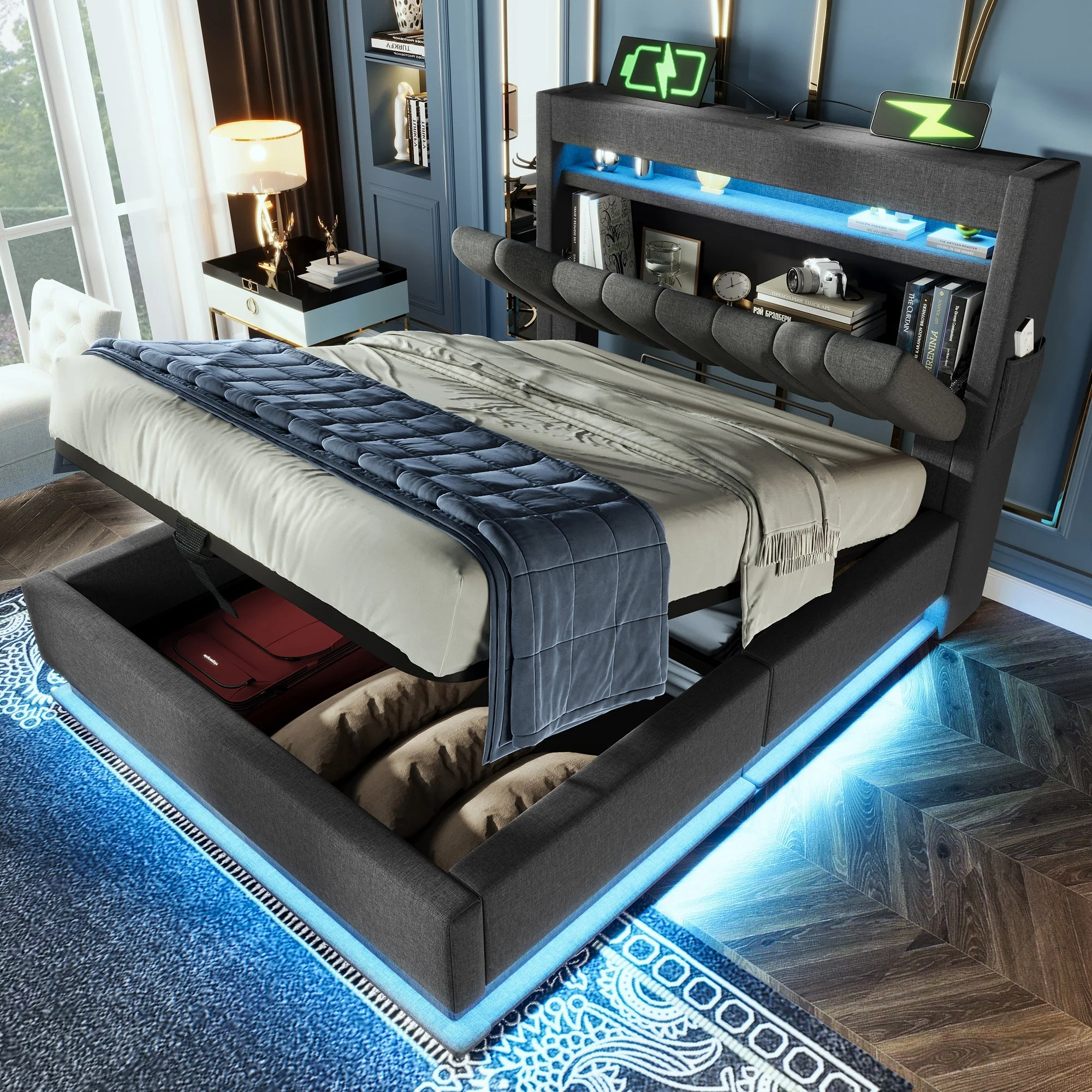 Upholstered Single Bed 90x200cm, Storage Headboard USB/Type-C, Hydraulic Lift, Grey Linen