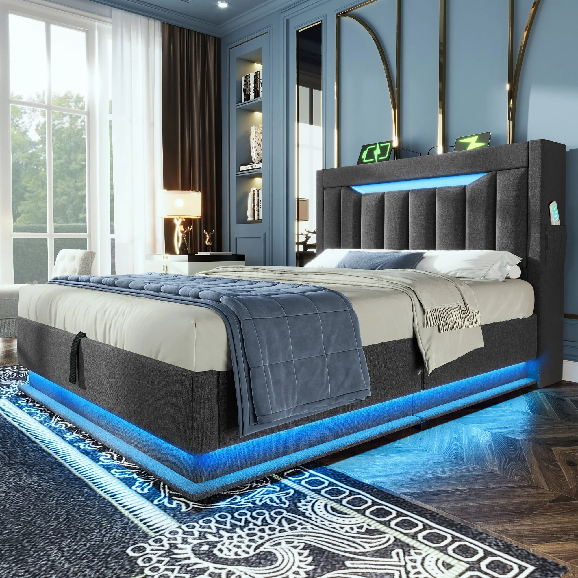 Upholstered Single Bed 90x200cm, Storage Headboard USB/Type-C, Hydraulic Lift, Grey Linen - Image 2