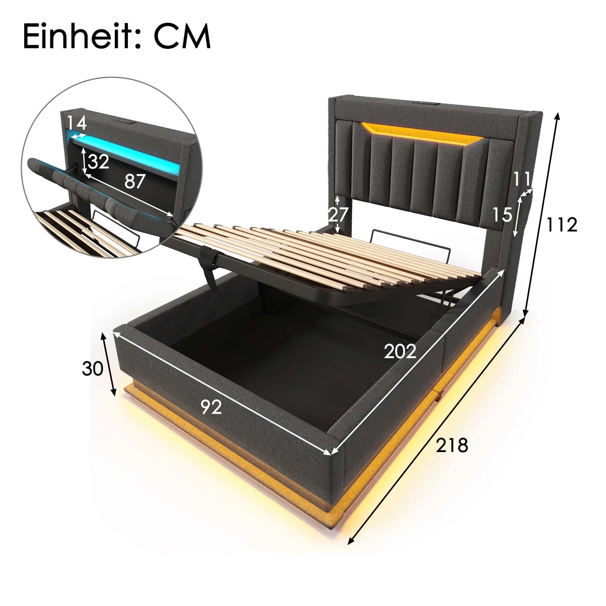 Upholstered Single Bed 90x200cm, Storage Headboard USB/Type-C, Hydraulic Lift, Grey Linen - Image 3