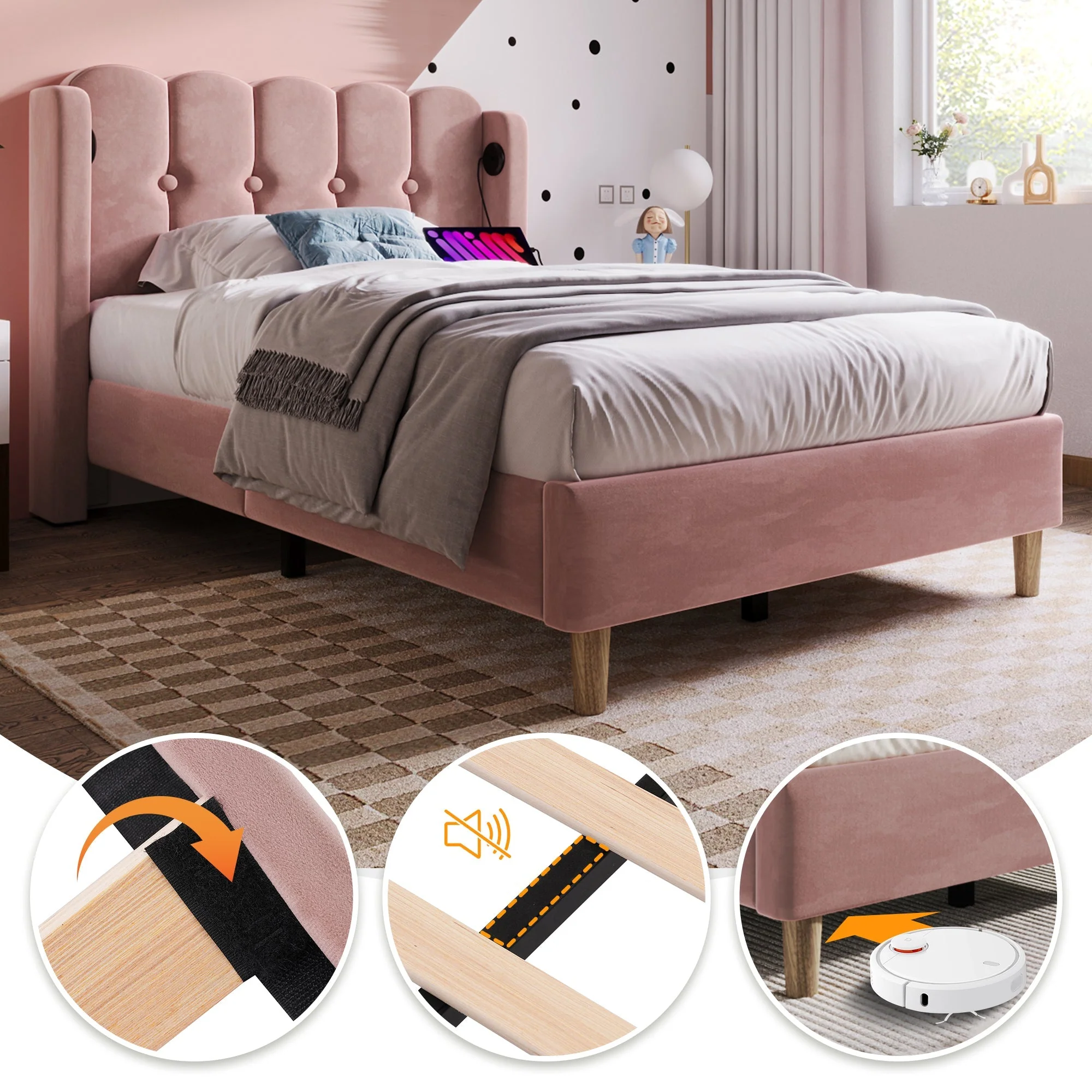 Upholstered Single Bed, 90x200cm, USB-C Charging, Pink Velvet - Image 3